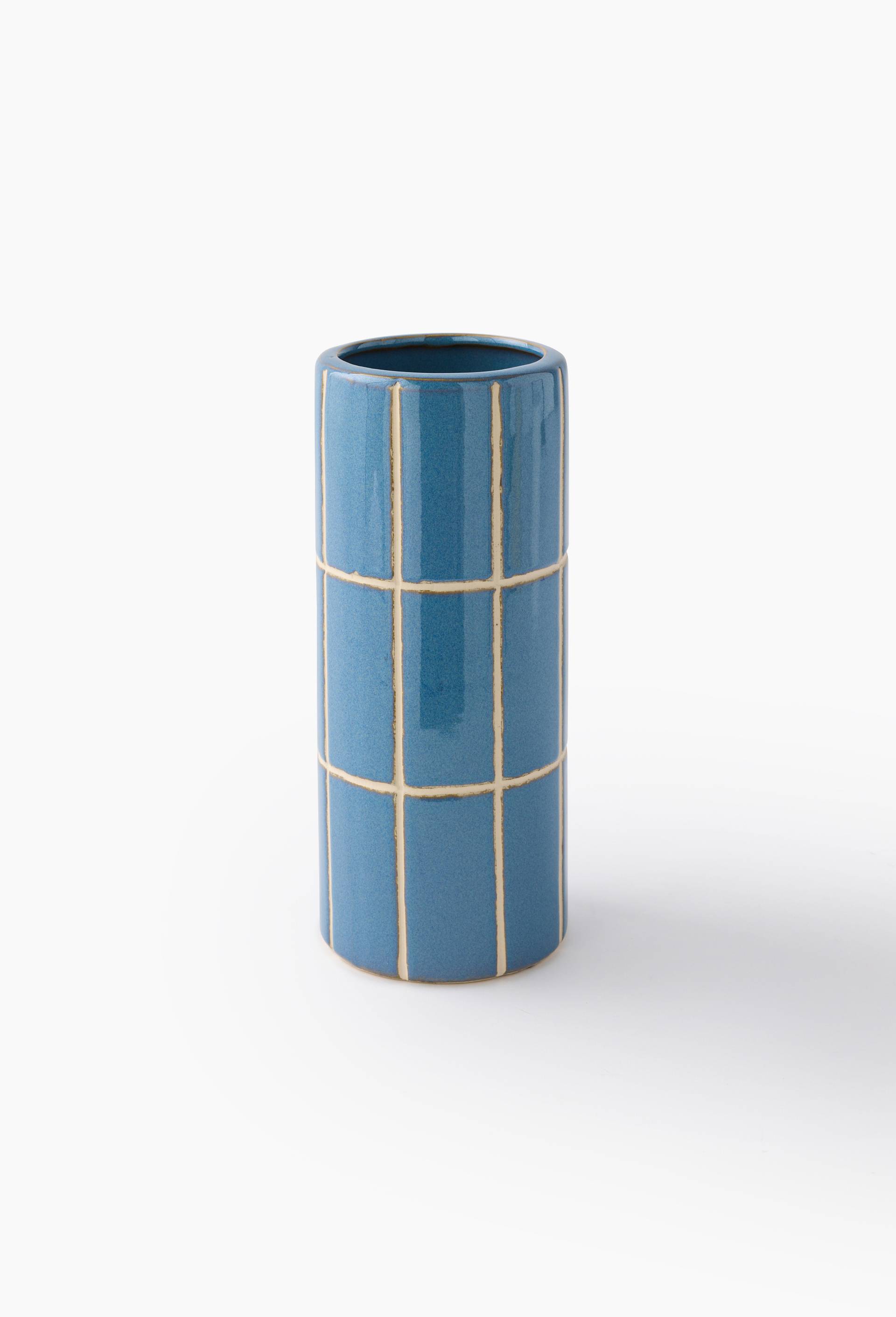 Vase rond carreaux, 13xH30cm, en c&eacute;ramique, Bleu fonc&eacute;, large image number 0.0