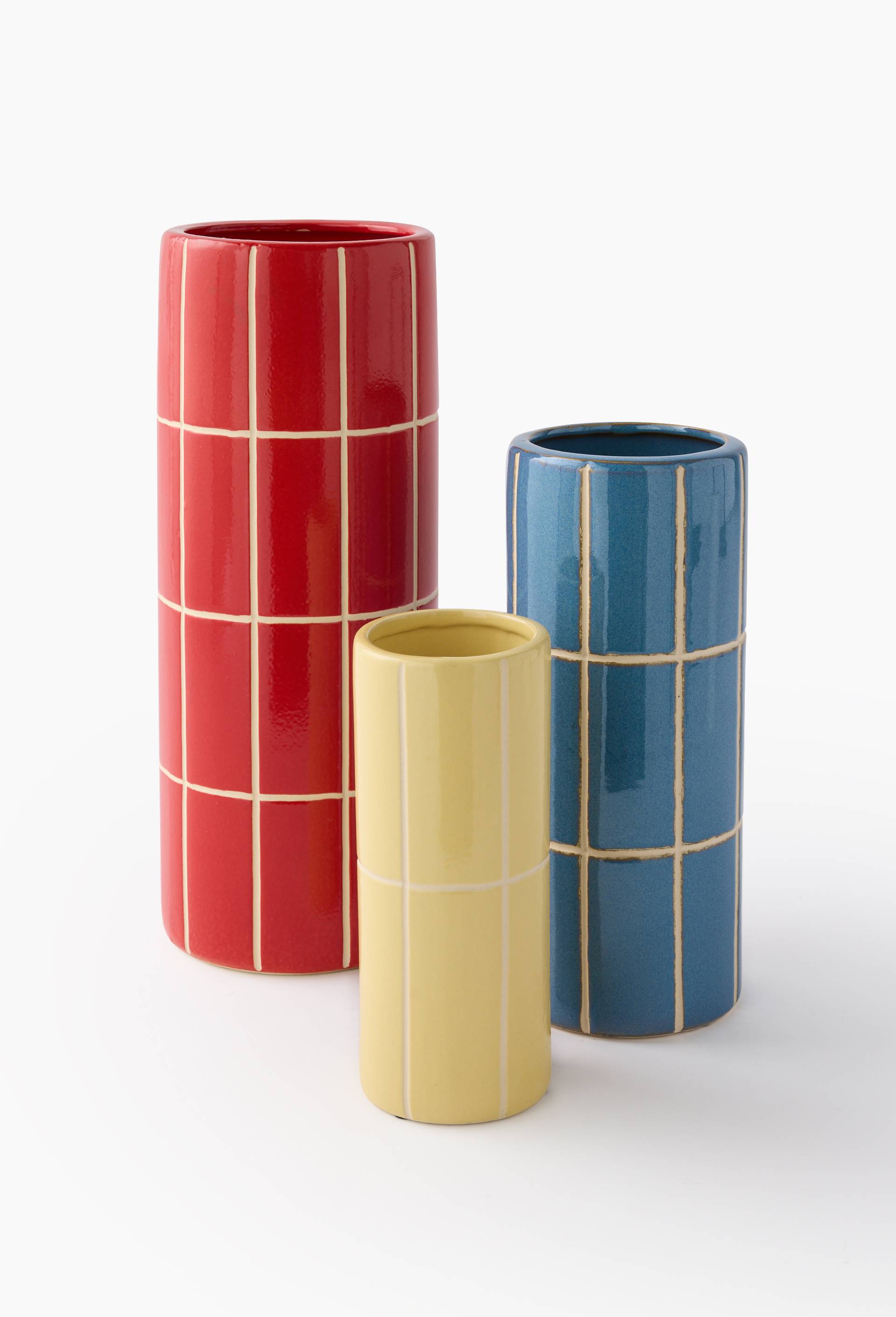 Vase rond carreaux, 13xH30cm, en c&eacute;ramique, Bleu fonc&eacute;, large image number 1