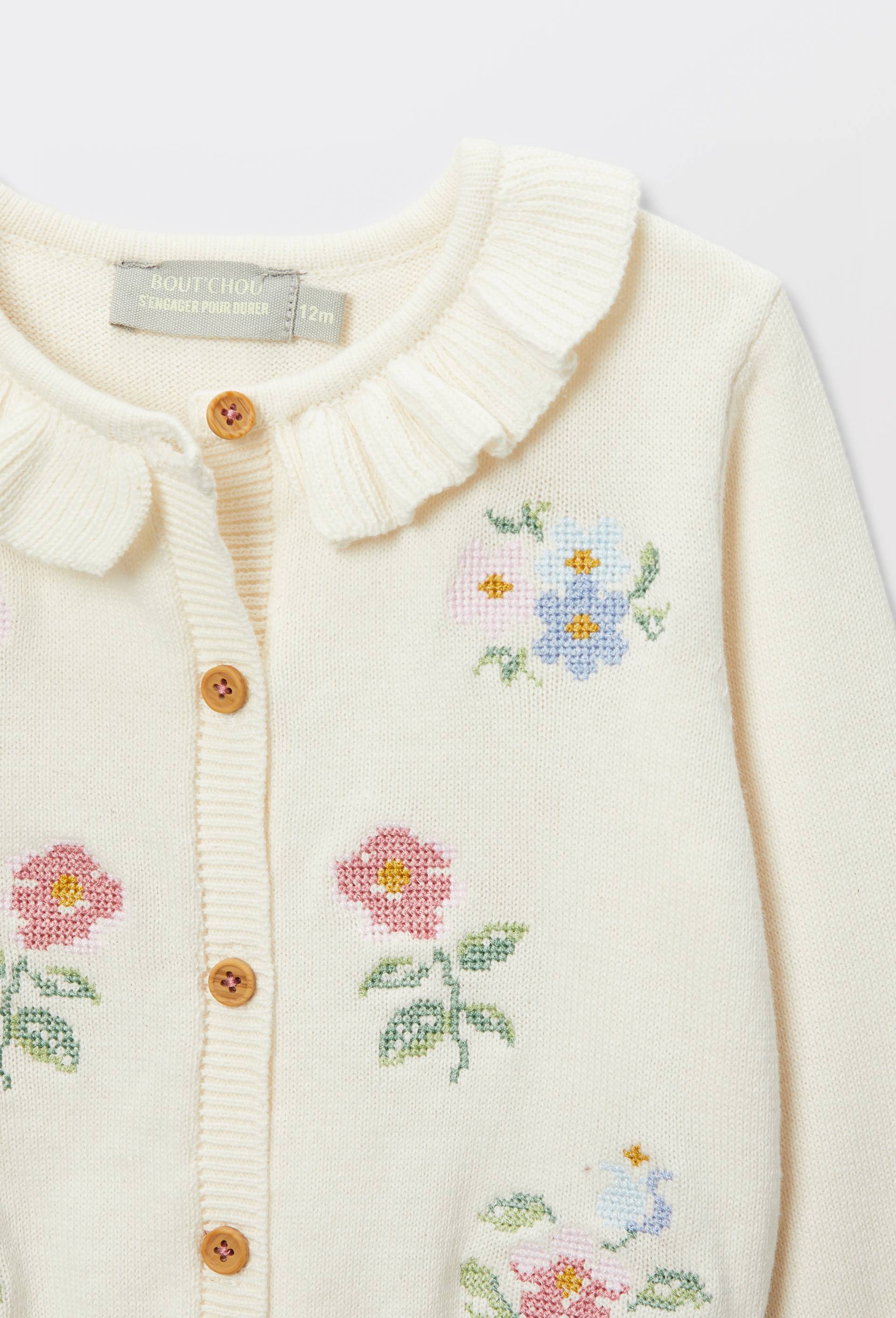 Cardigan tricot brod&eacute; &agrave; col en coton, Beige clair, large image number 3.0