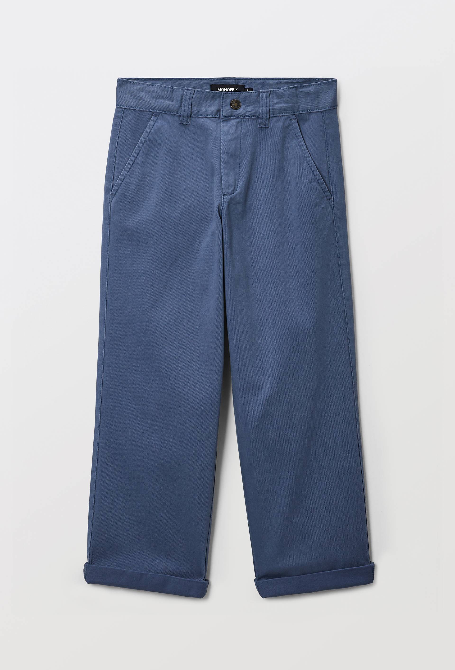 Pantalon chino droit uni, en coton, Bleu fonc&eacute;, large image number 1.0
