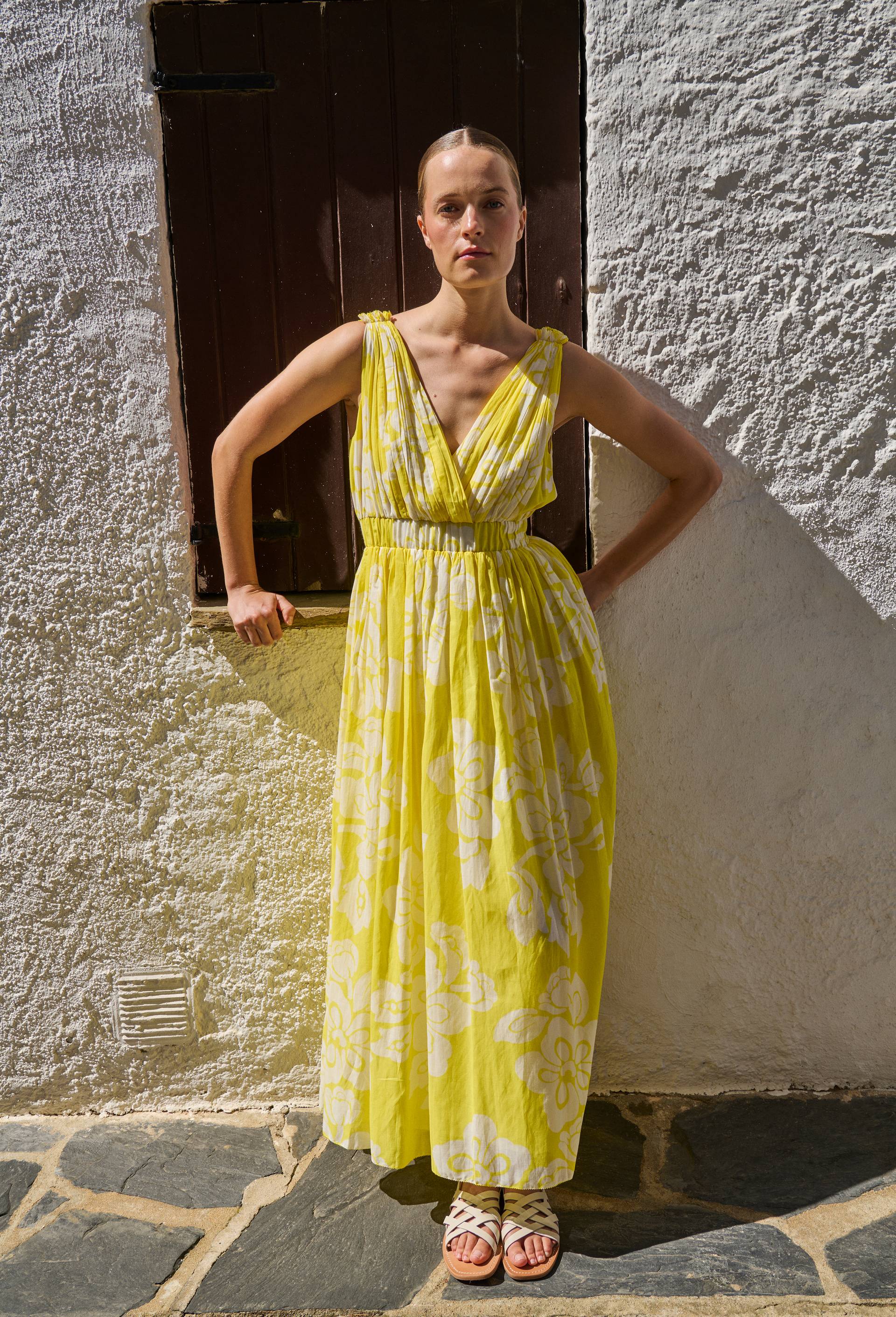 Robe longue cintr&eacute;e imprim&eacute;e en coton, Jaune, large image number 0