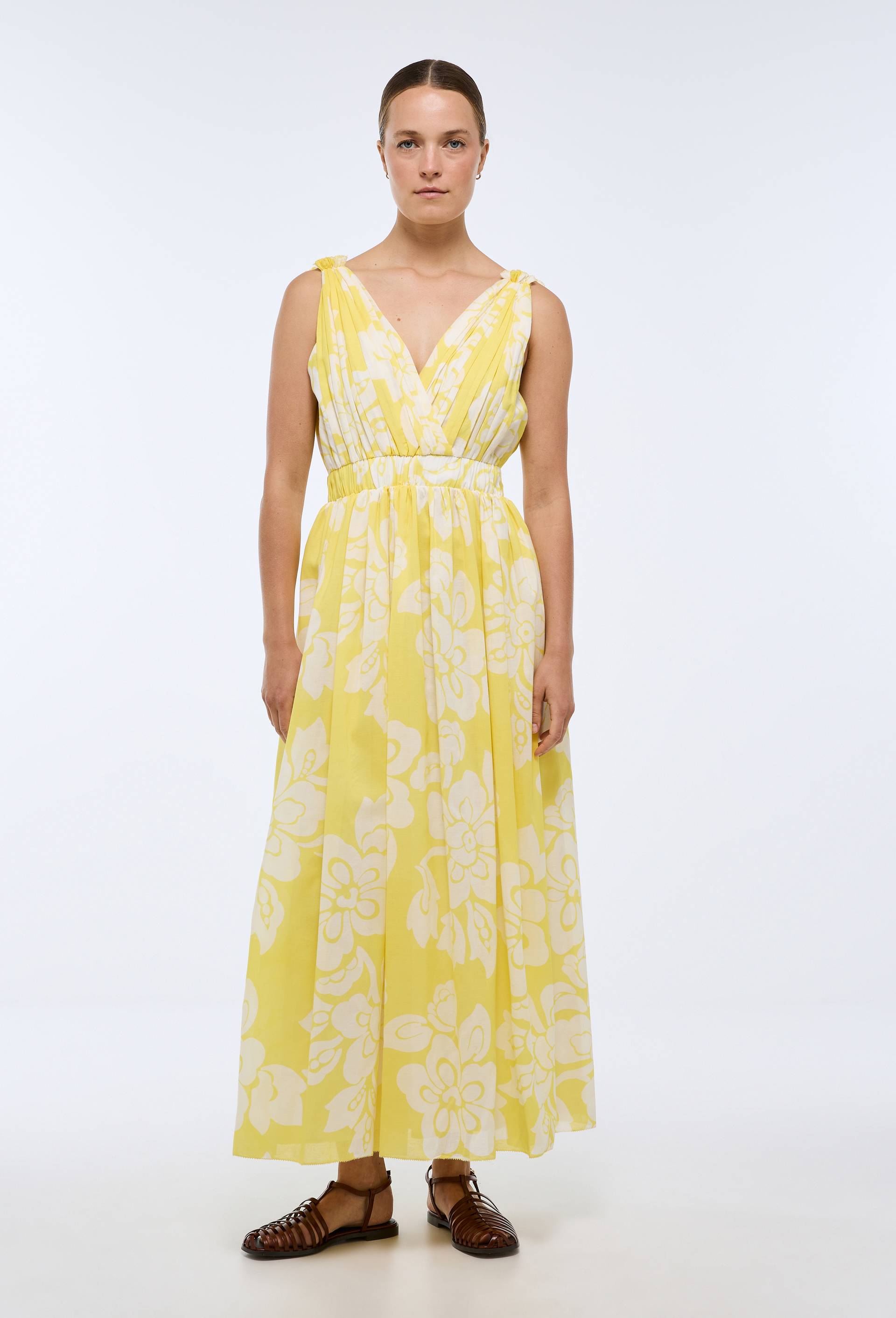 Robe longue cintr&eacute;e imprim&eacute;e en coton, Jaune, large image number 2