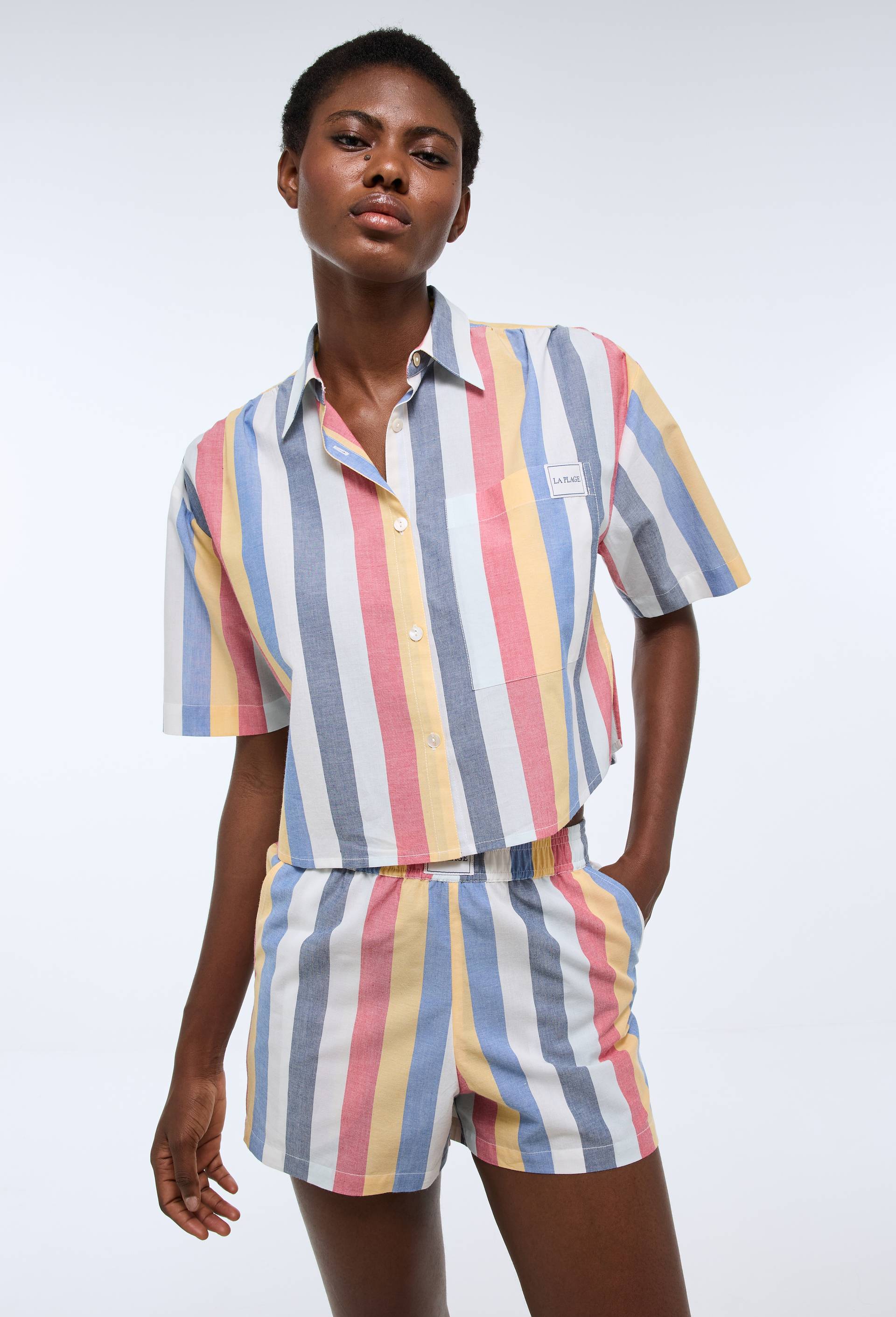 Ensemble chemise et short ray&eacute; en coton BIO GOTS, Bleu, large image number 0