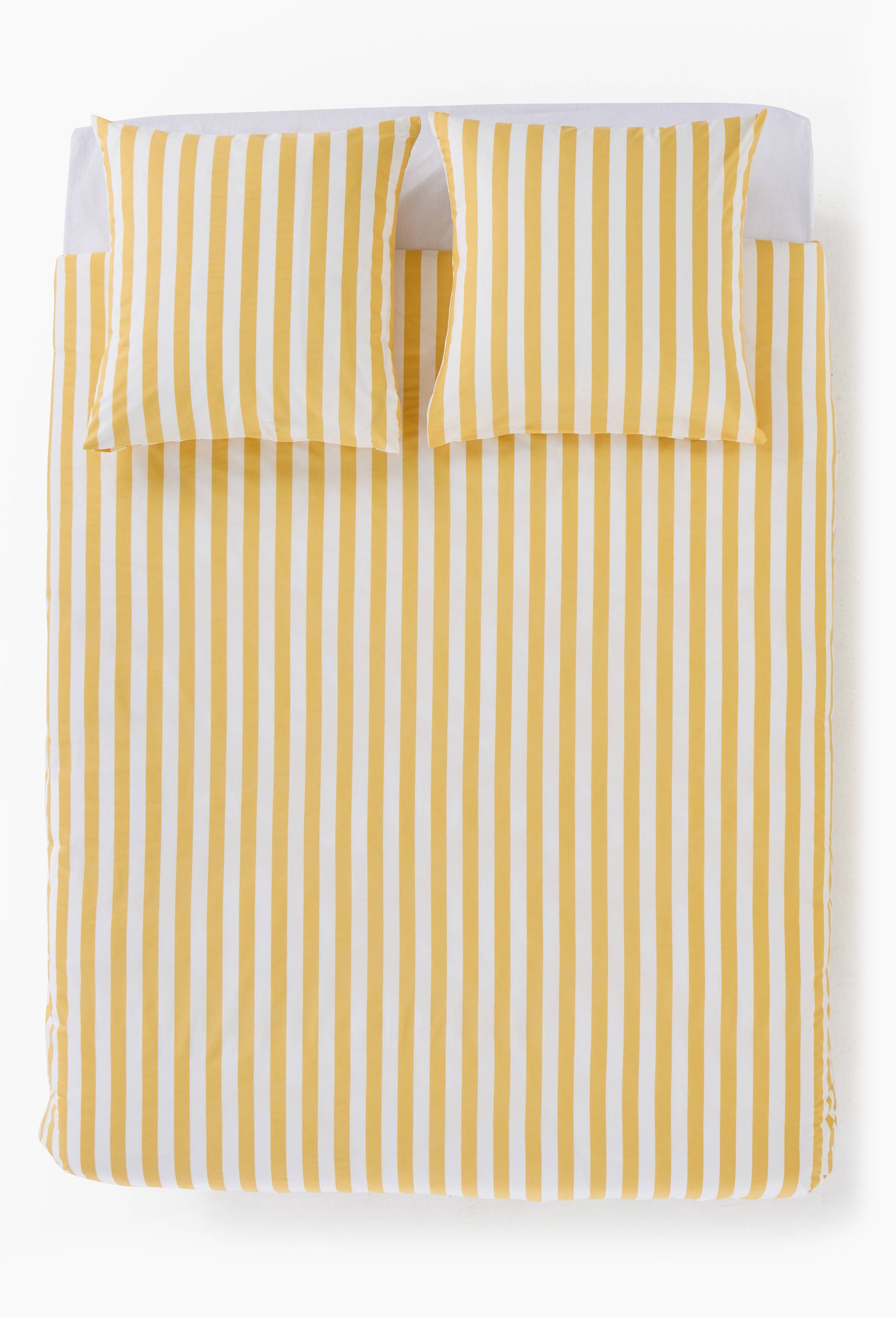 Lot avec housse de couette et deux taies d'oreiller carr&eacute;es imprim&eacute; ray&eacute;, 240x220cm et 63x63cm, 100% coton bio GOTS, Jaune, large image number 1