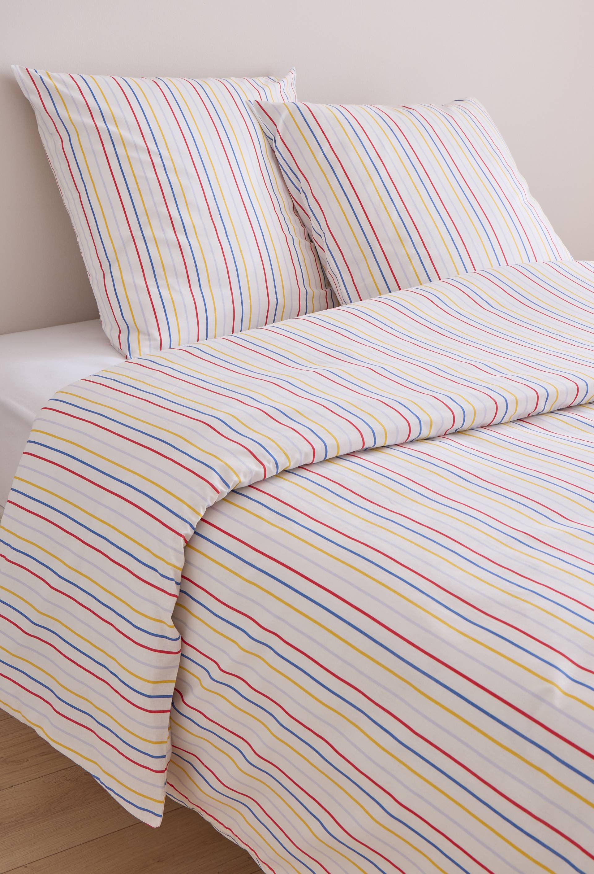 Lot avec housse de couette et deux taies d'oreiller carr&eacute;es imprim&eacute; ray&eacute;, 240x220cm et 63x63cm, 100% coton bio GOTS, Ecru, large image number 1.0
