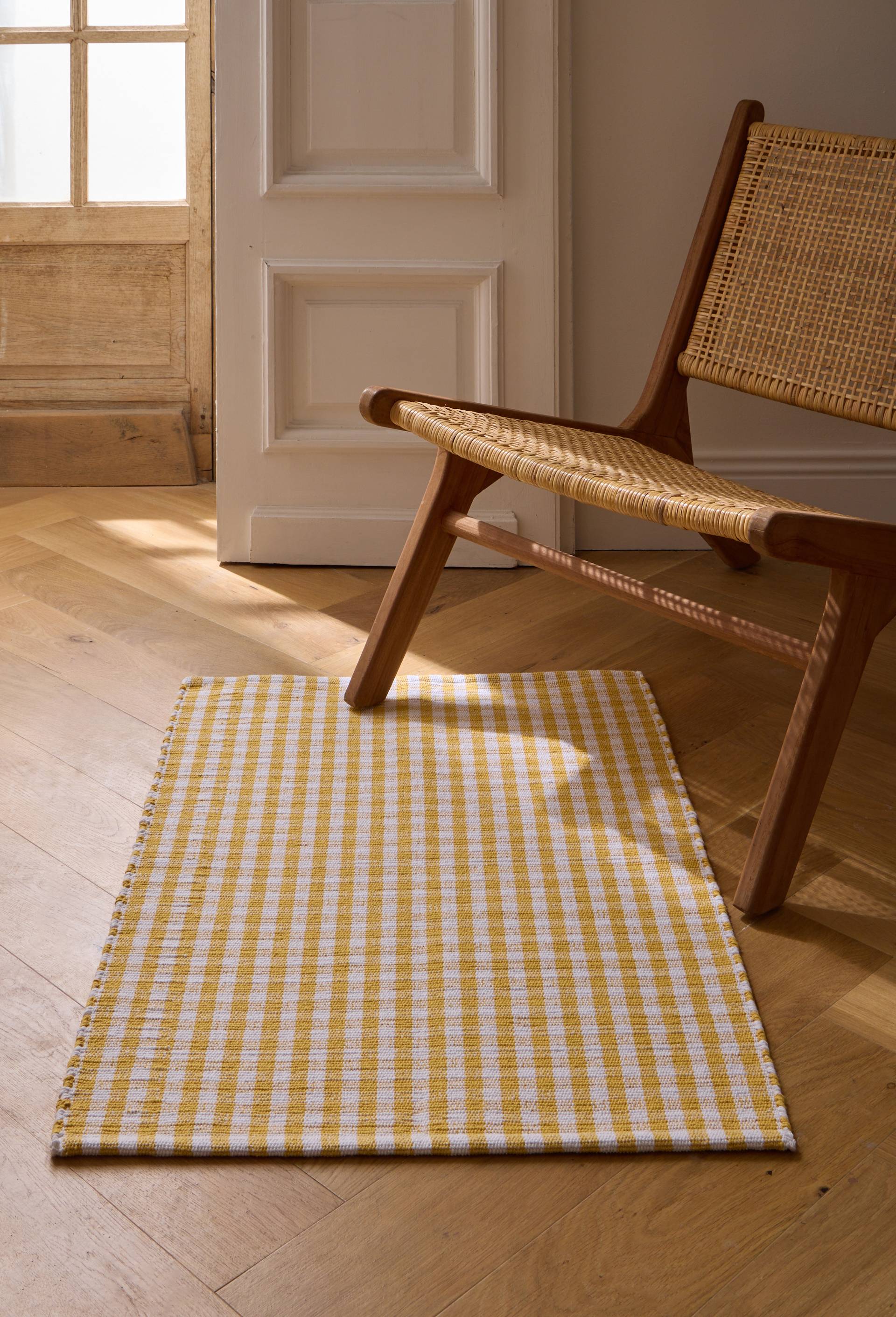 Tapis tiss&eacute; teint vichy, 60x90cm, 100% coton, Jaune clair, large image number 0