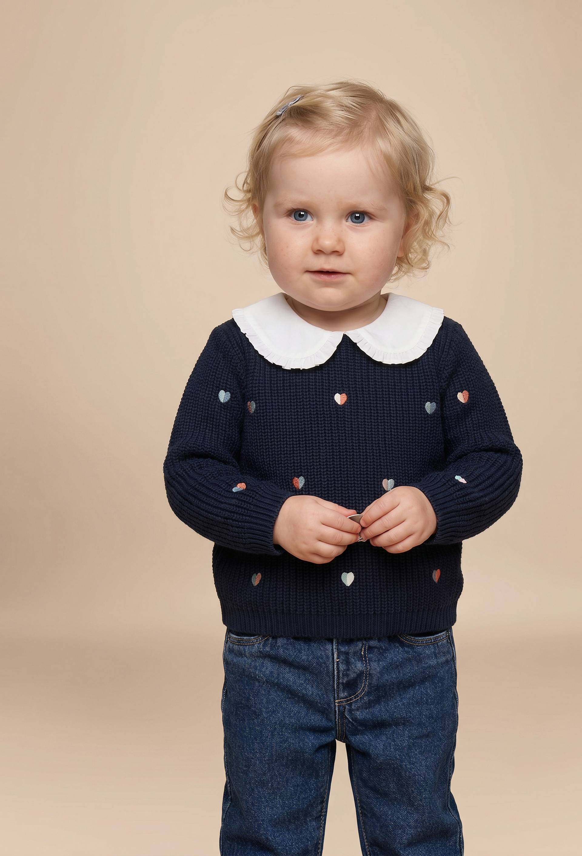 Pull brod&eacute; &agrave; col chambray en coton, Bleu fonc&eacute;, large image number 0.0