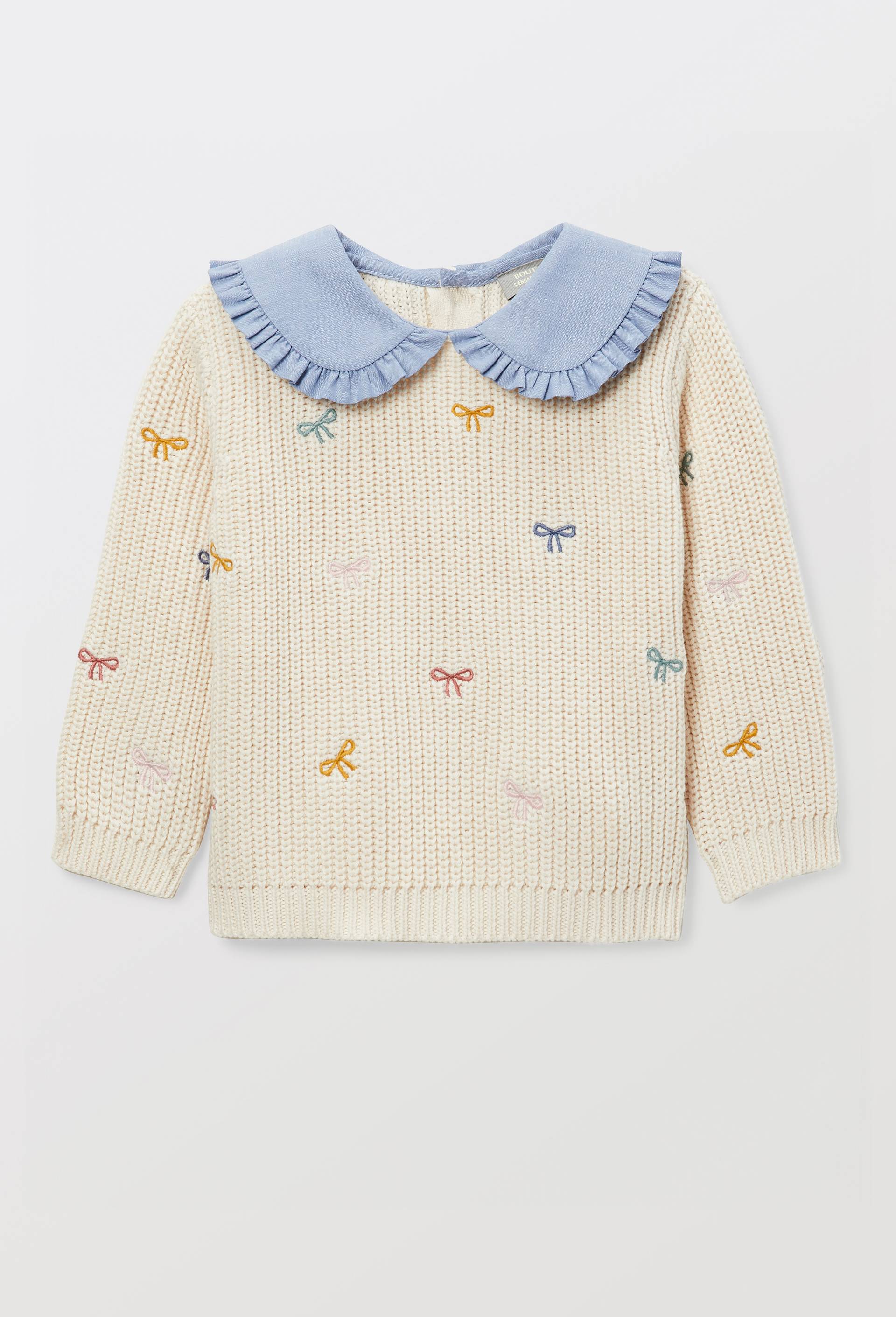 Pull brod&eacute; &agrave; col chambray en coton, Beige clair, large image number 1.0