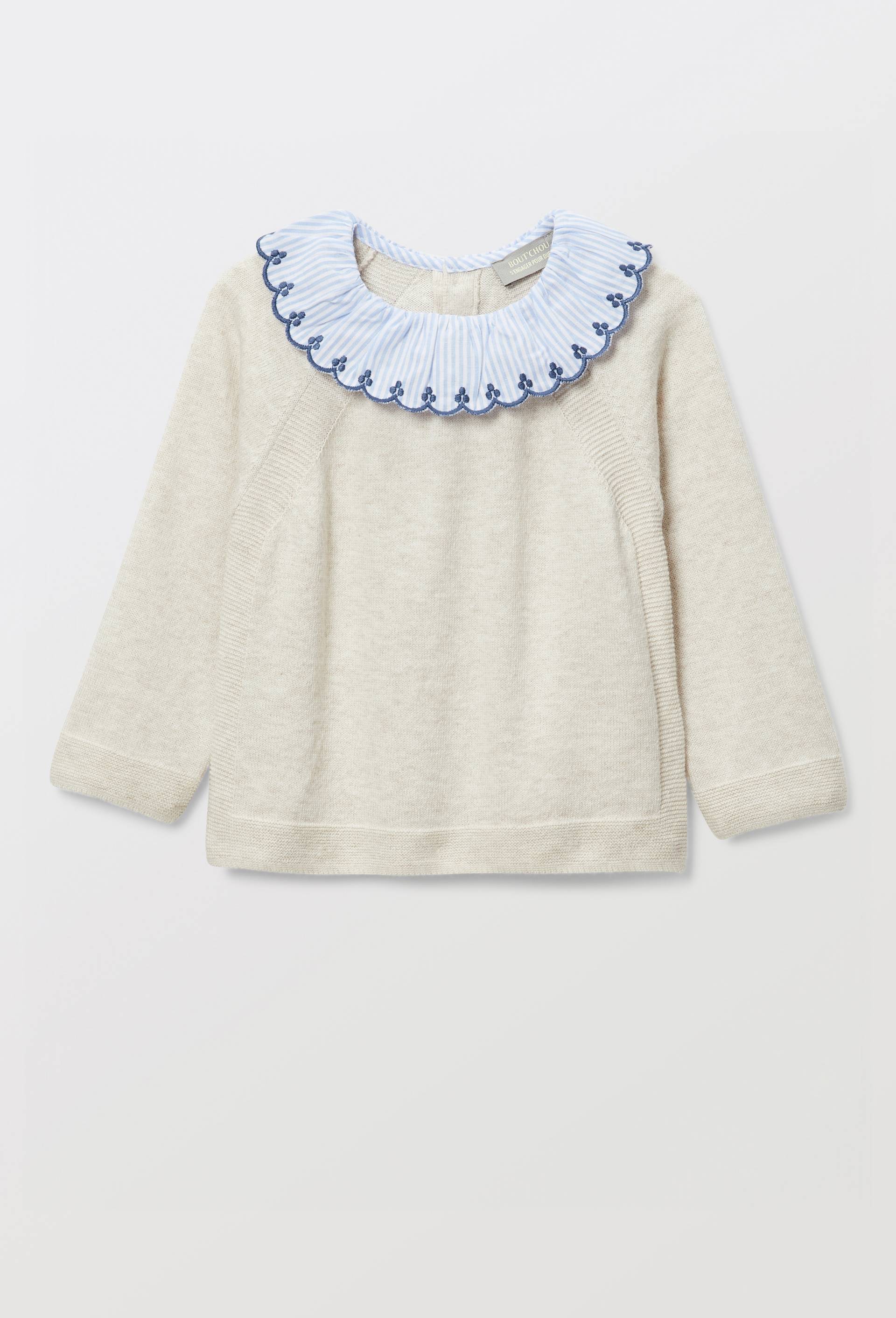 Pull uni &agrave; col ray&eacute; contenant de la laine, Beige, large image number 1