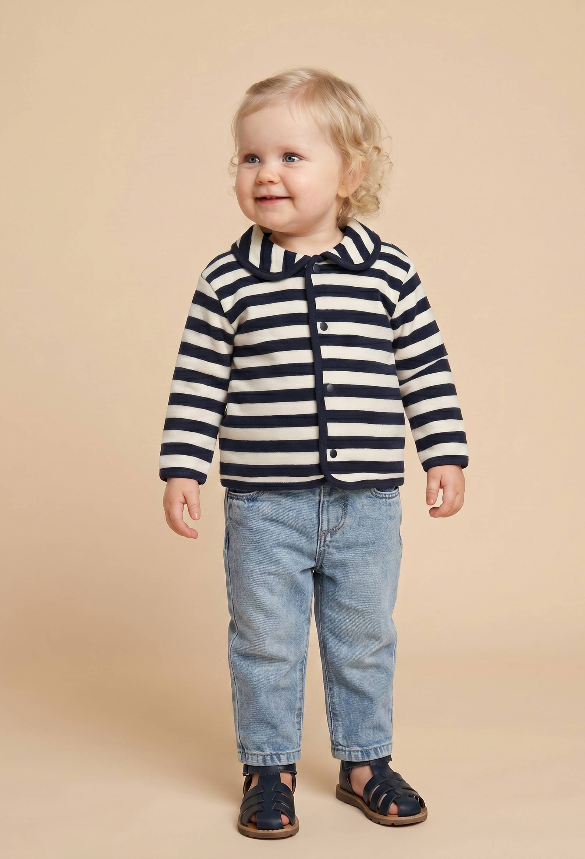 Gilet col claudine en molleton ray&eacute; en coton BIO GOTS, Bleu fonc&eacute;, swatch image