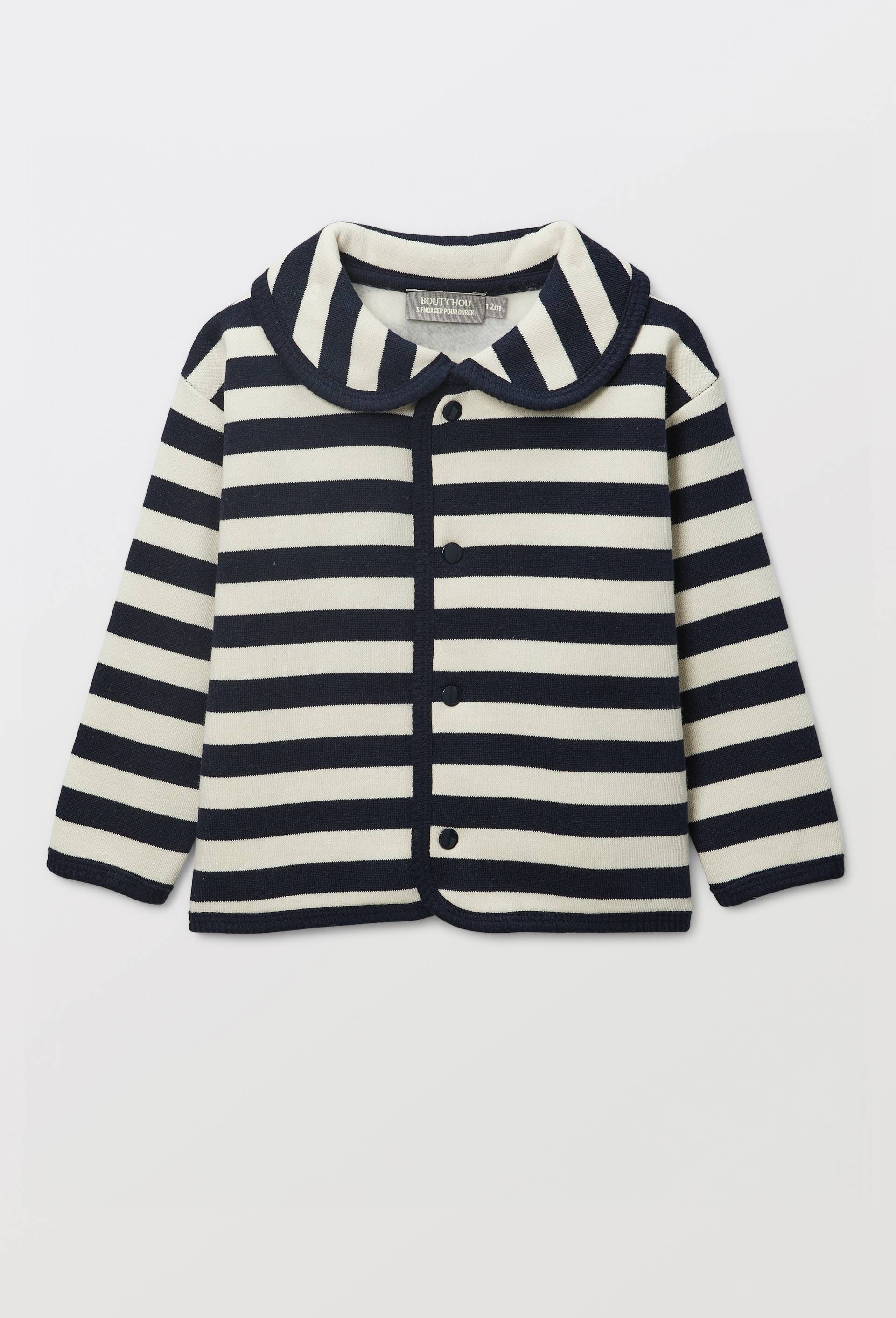 Gilet col claudine en molleton ray&eacute; en coton BIO GOTS, Bleu fonc&eacute;, large image number 1.0