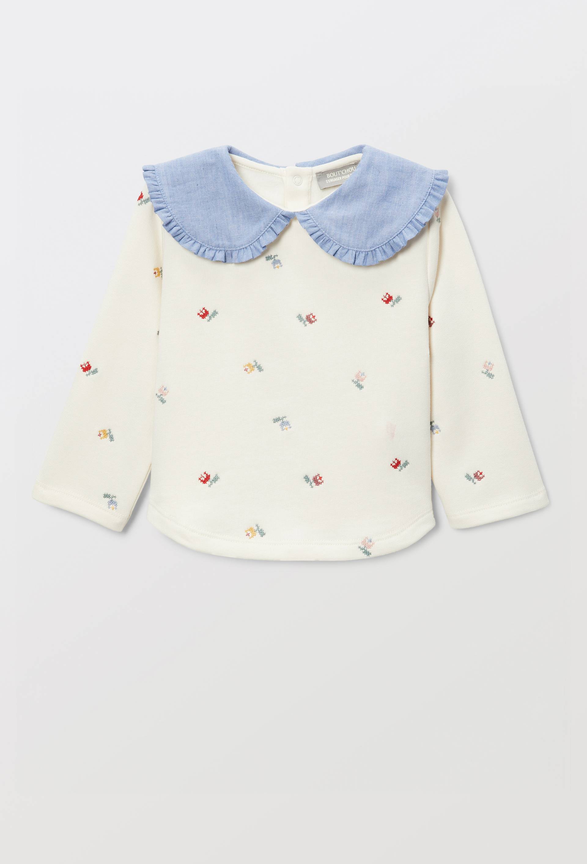 Sweat imprim&eacute; &agrave; col chambray en coton BIO GOTS, Beige clair, large image number 0.0