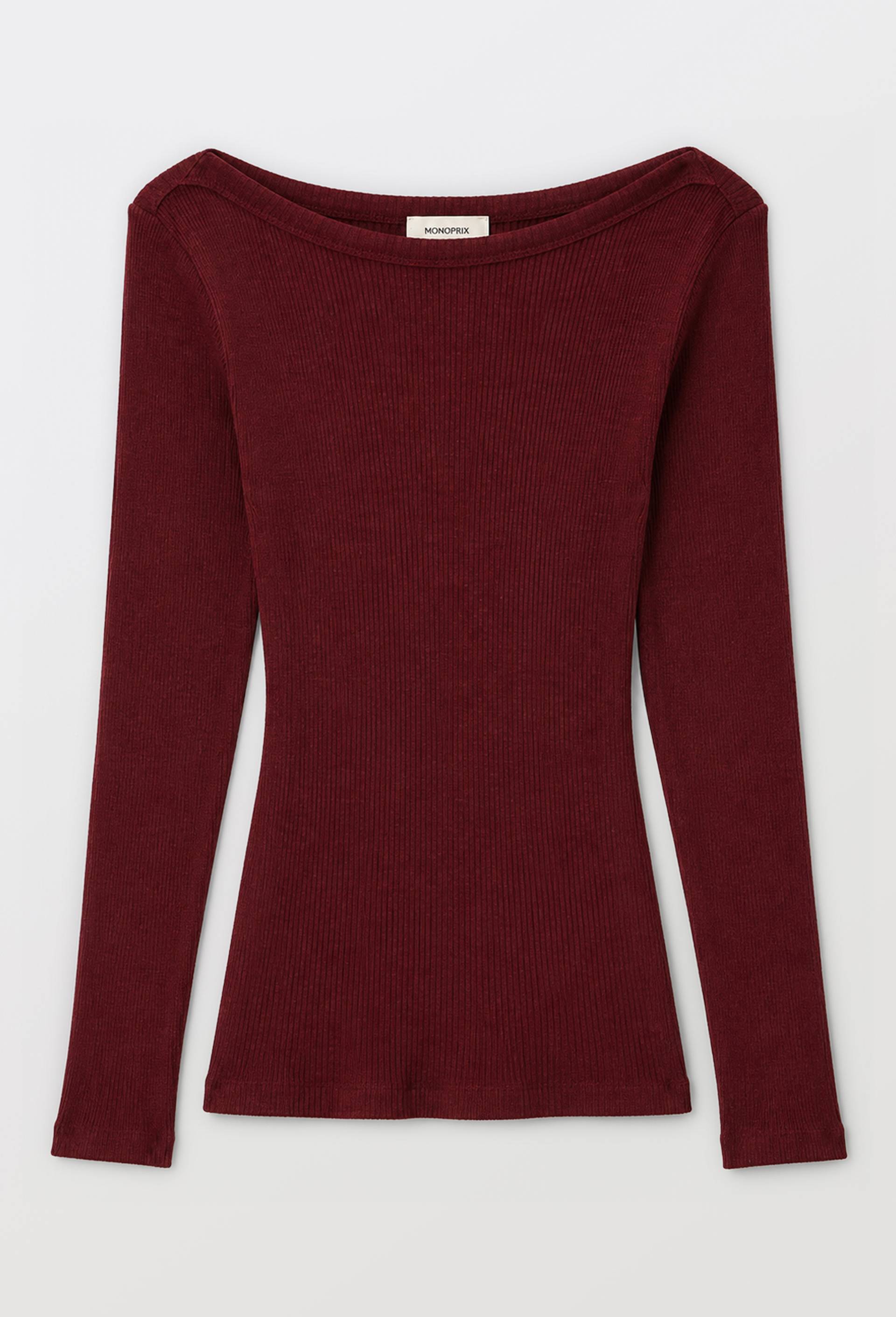 T-shirt manches longues col bateau en laine et soie, Rouge fonc&eacute;, large image number 2.0