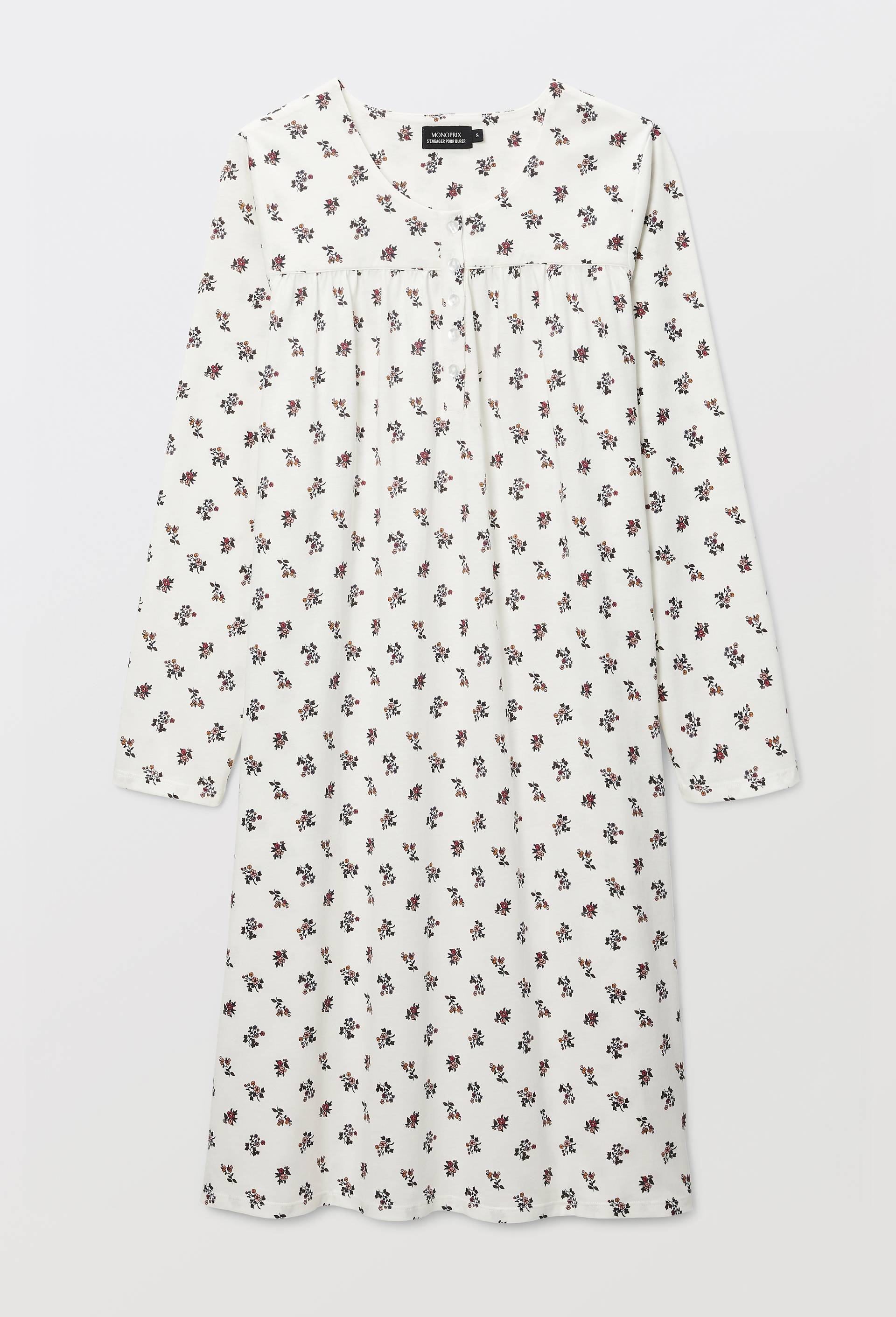 Chemise de nuit manches longues imprim&eacute;e en coton BIO GOTS, Ecru, large image number 2.0