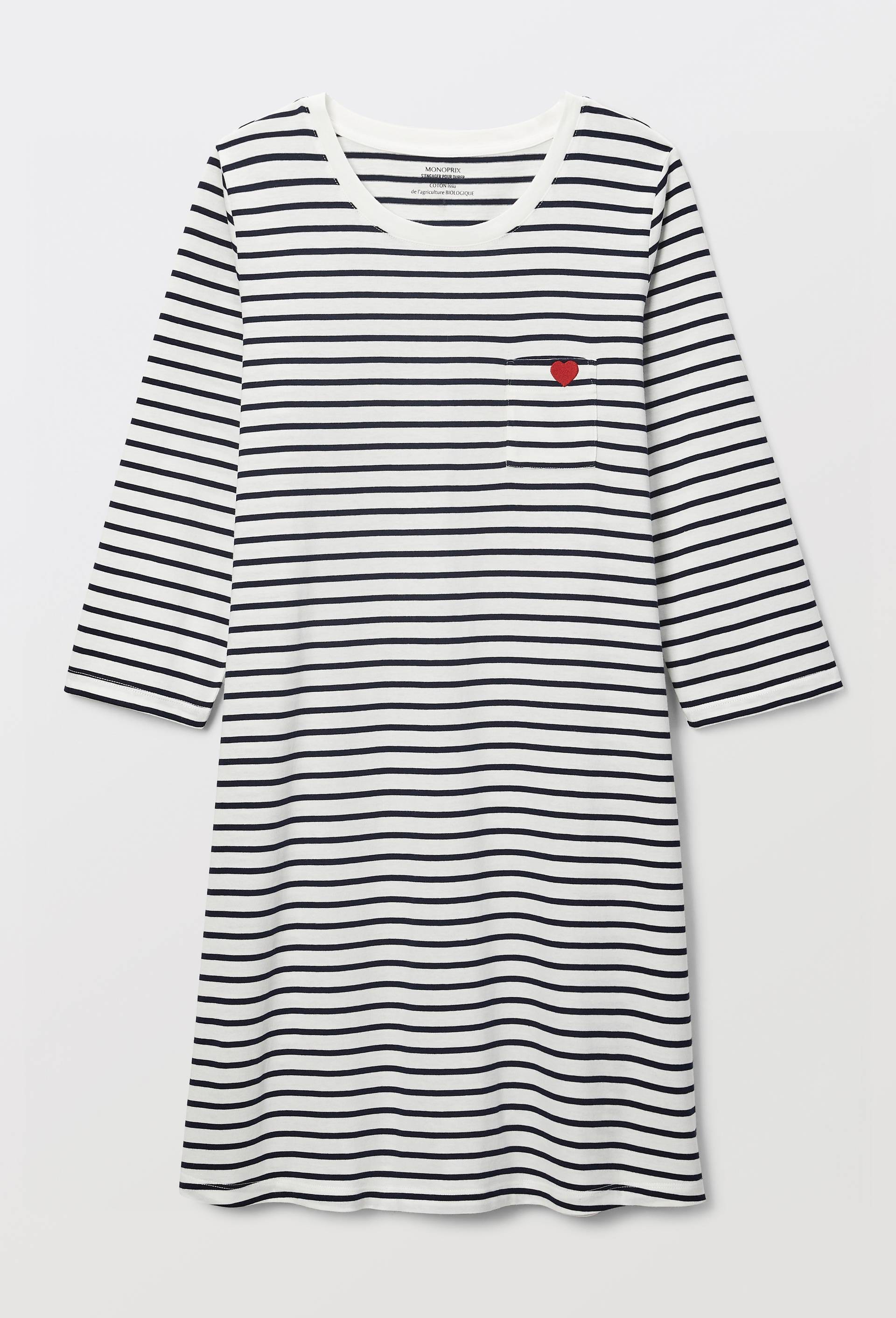 Chemise de nuit ray&eacute;e avec broderie coeur en coton BIO, Blanc, large image number 2.0