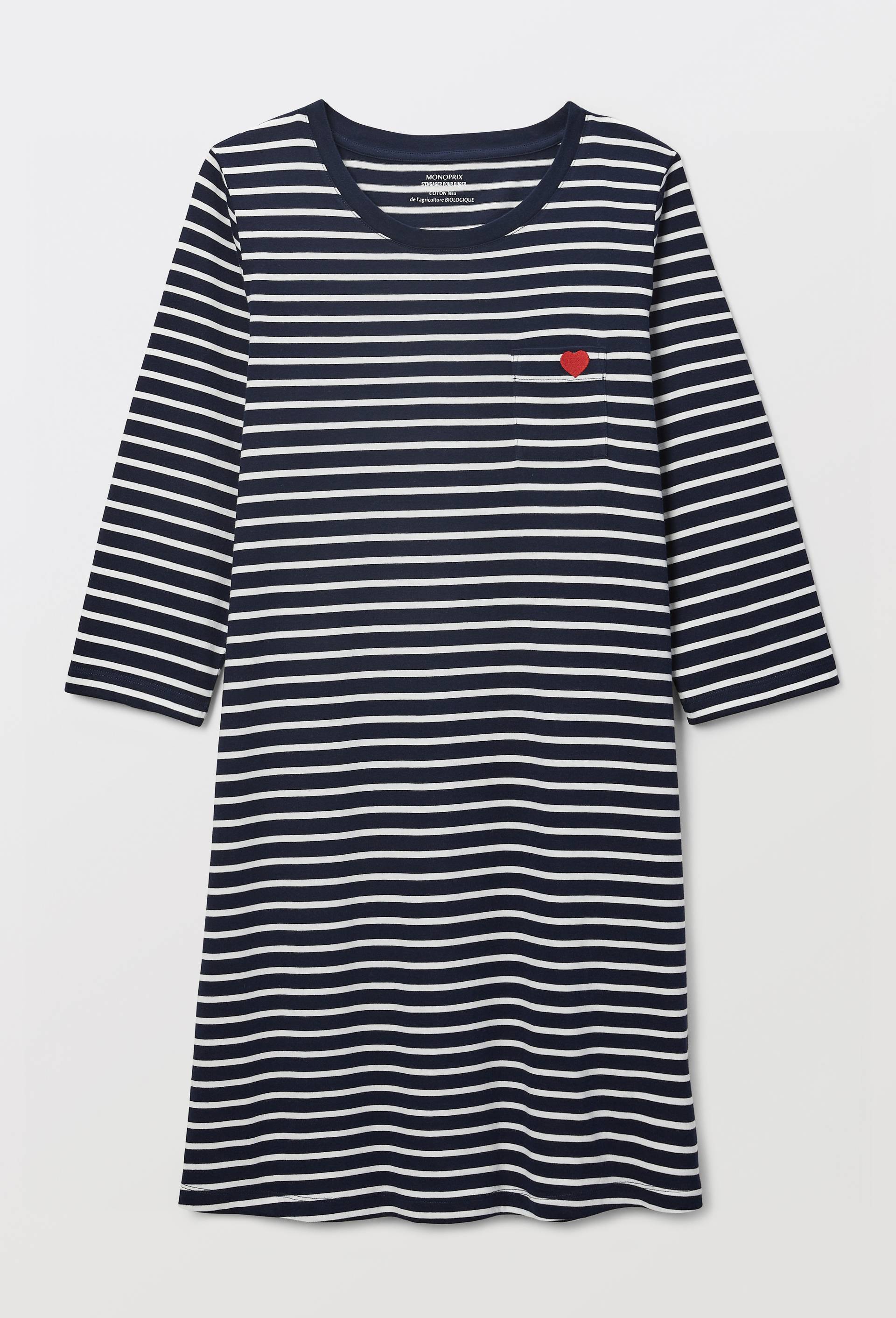 Chemise de nuit ray&eacute;e avec broderie coeur en coton BIO, Bleu fonc&eacute;, large image number 2.0
