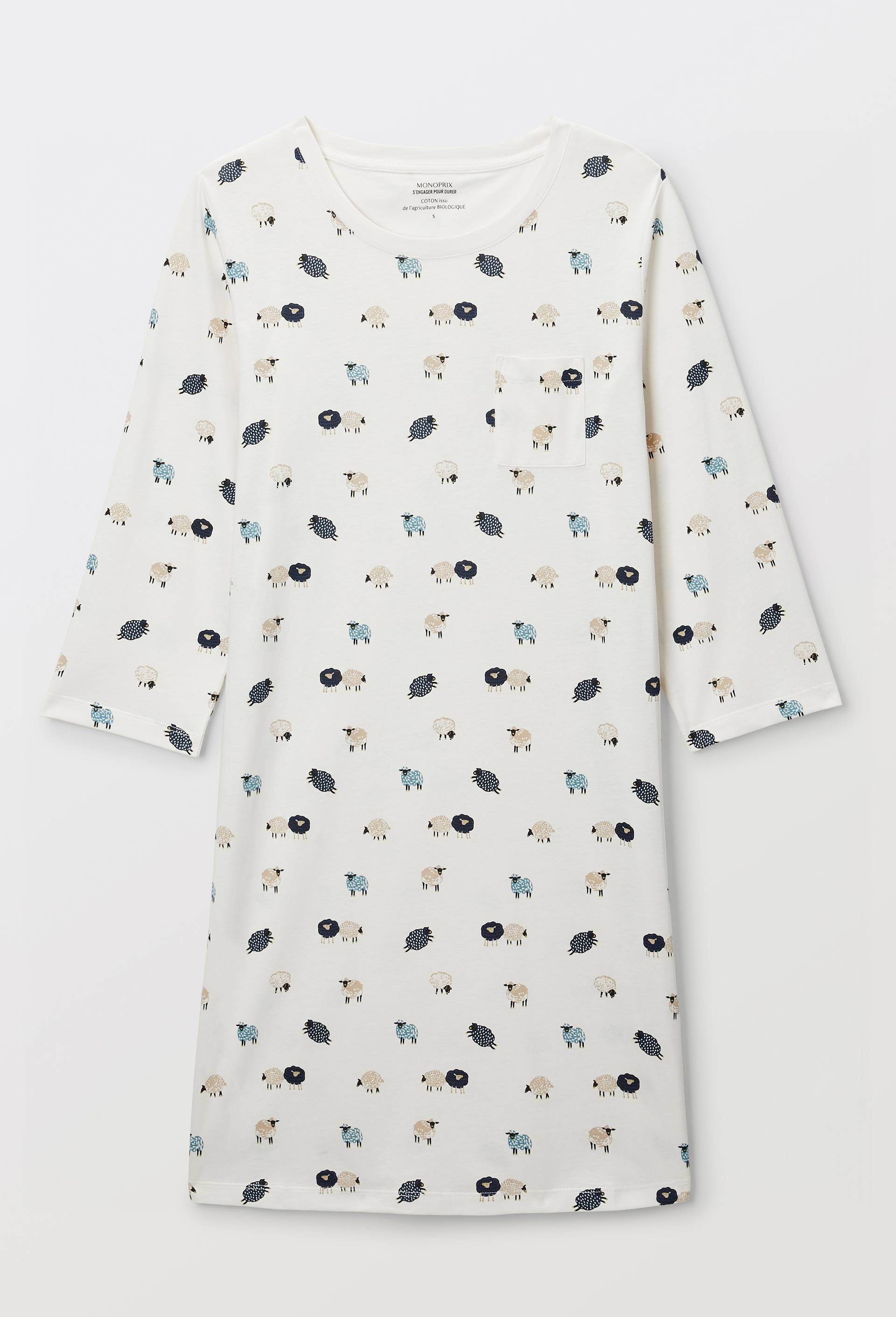 Chemise de nuit manches 3/4 imprim&eacute;e en coton BIO GOTS, Ecru, large image number 2