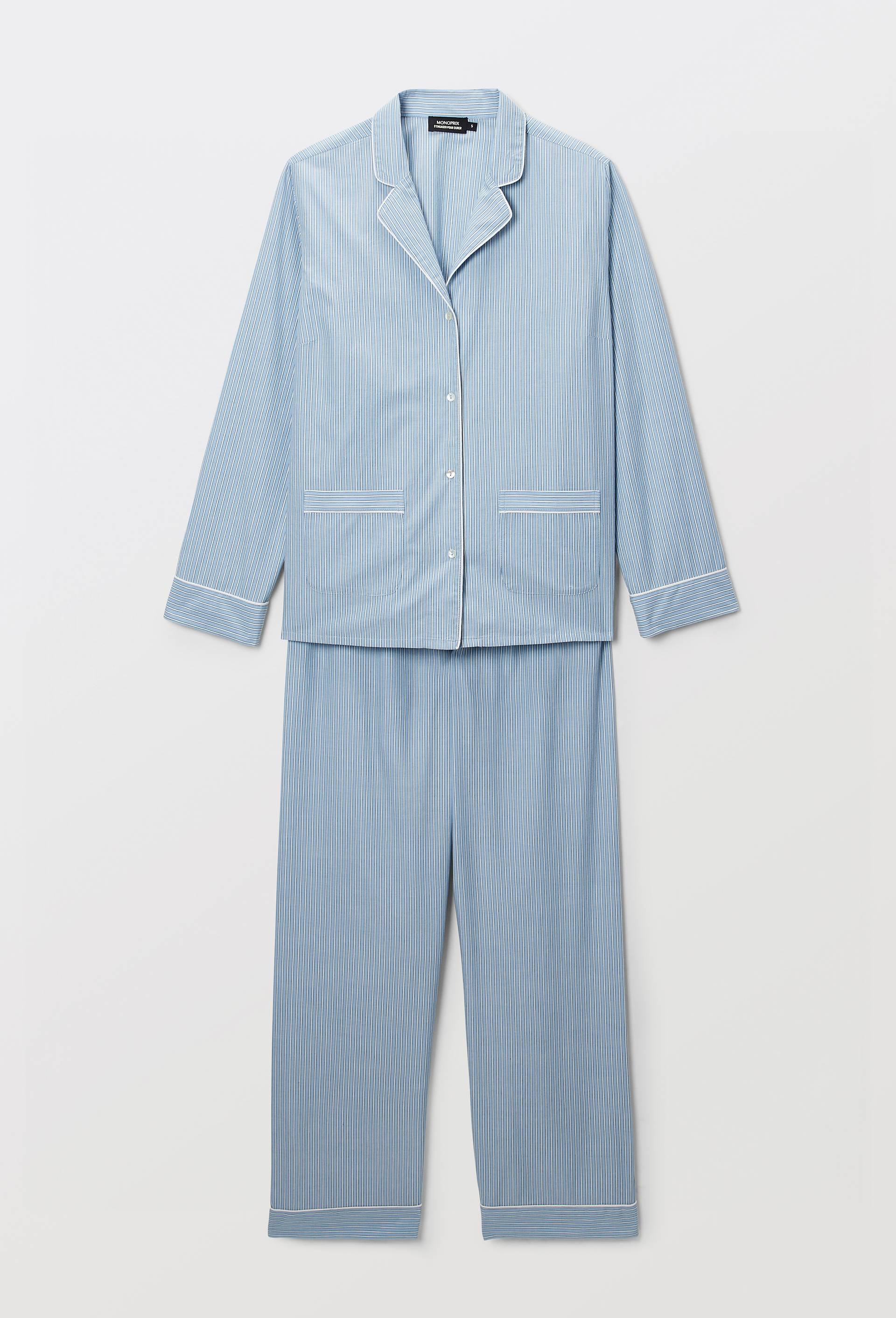 Pyjama long ray&eacute; en coton BIO GOTS, Bleu, large image number 2.0