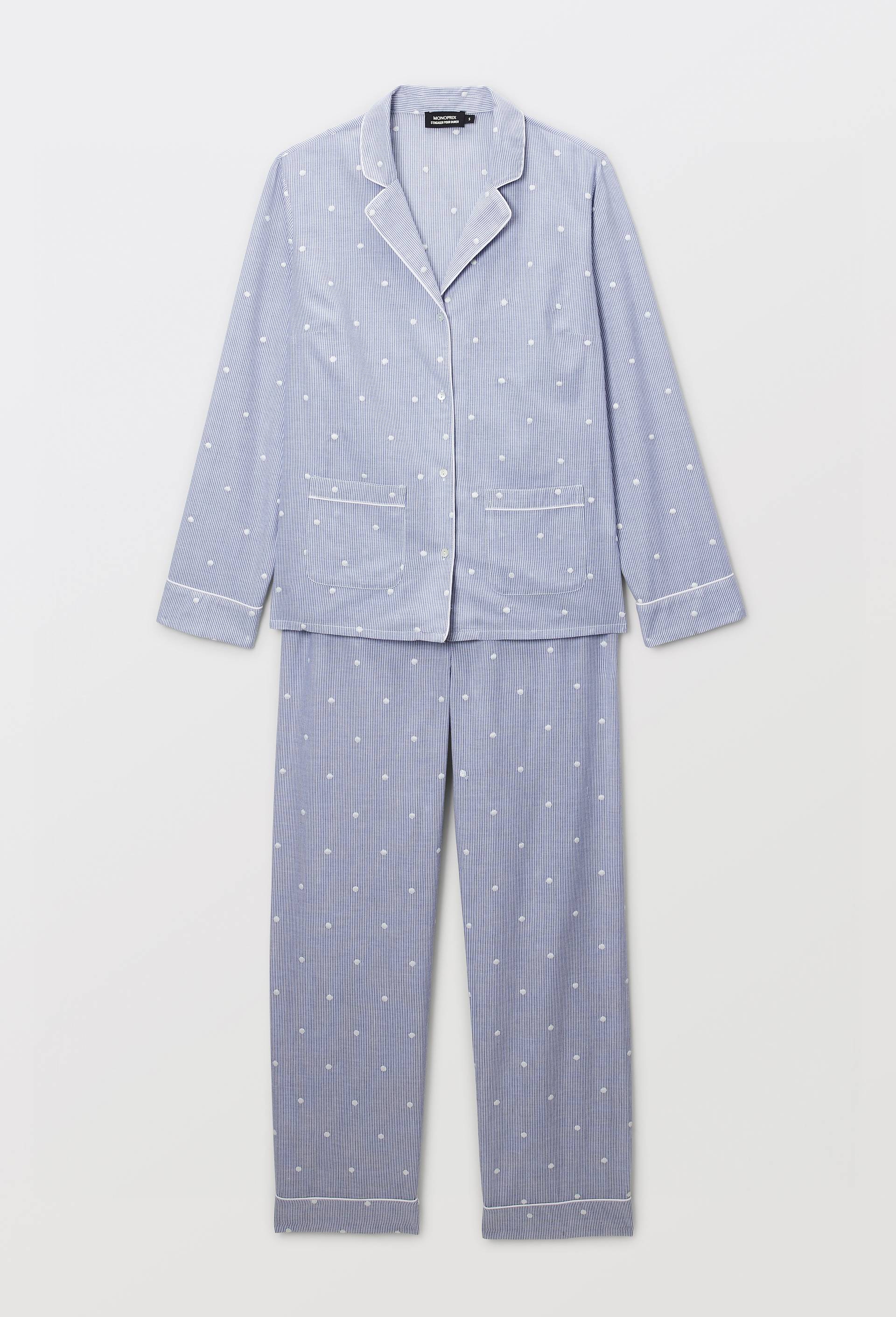 Pyjama long &agrave; rayures et pois brod&eacute;s en coton BIO GOTS, Bleu fonc&eacute;, large image number 2
