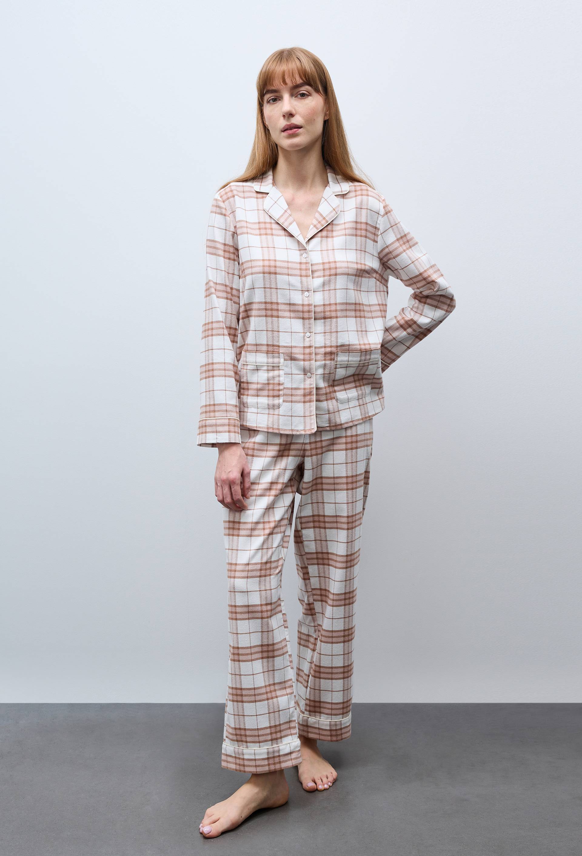 Pyjama long &agrave; carreaux en flanelle de coton BIO, Ecru, large image number 0.0