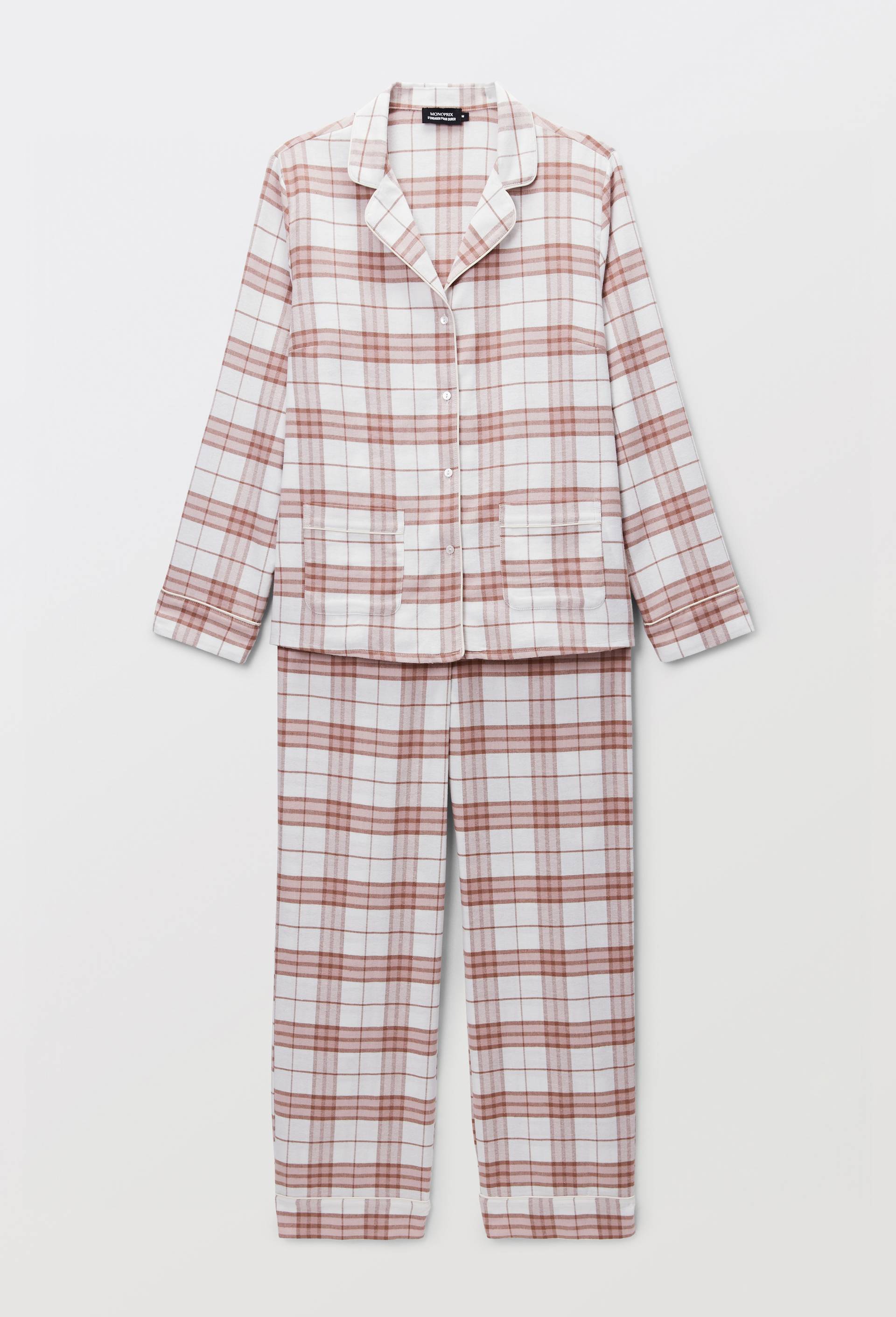 Pyjama long &agrave; carreaux en flanelle de coton BIO, Ecru, large image number 2.0