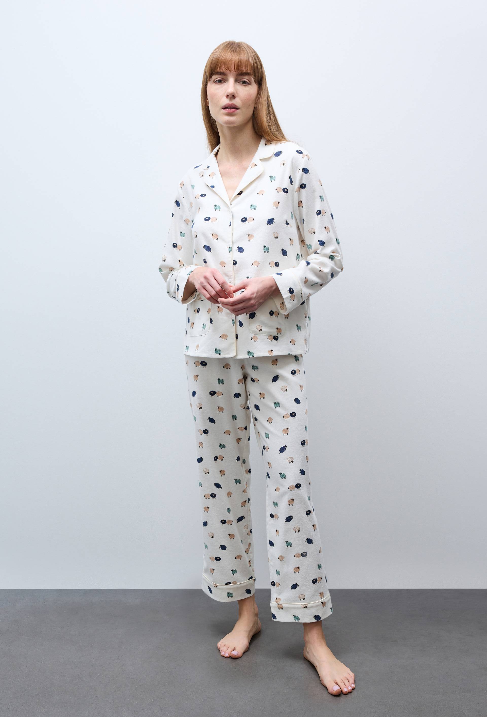 Pyjama long imprim&eacute; en flanelle de coton BIO, Ecru, large image number 0