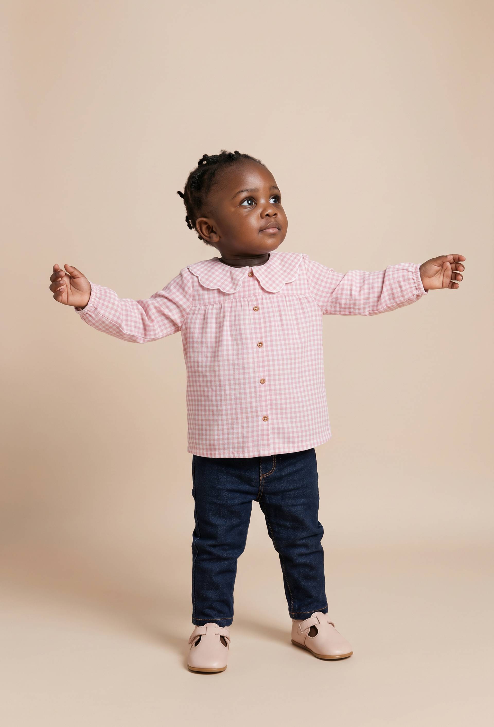 Blouse &agrave; col &agrave; carreaux en coton BIO GOTS, Rose clair, large