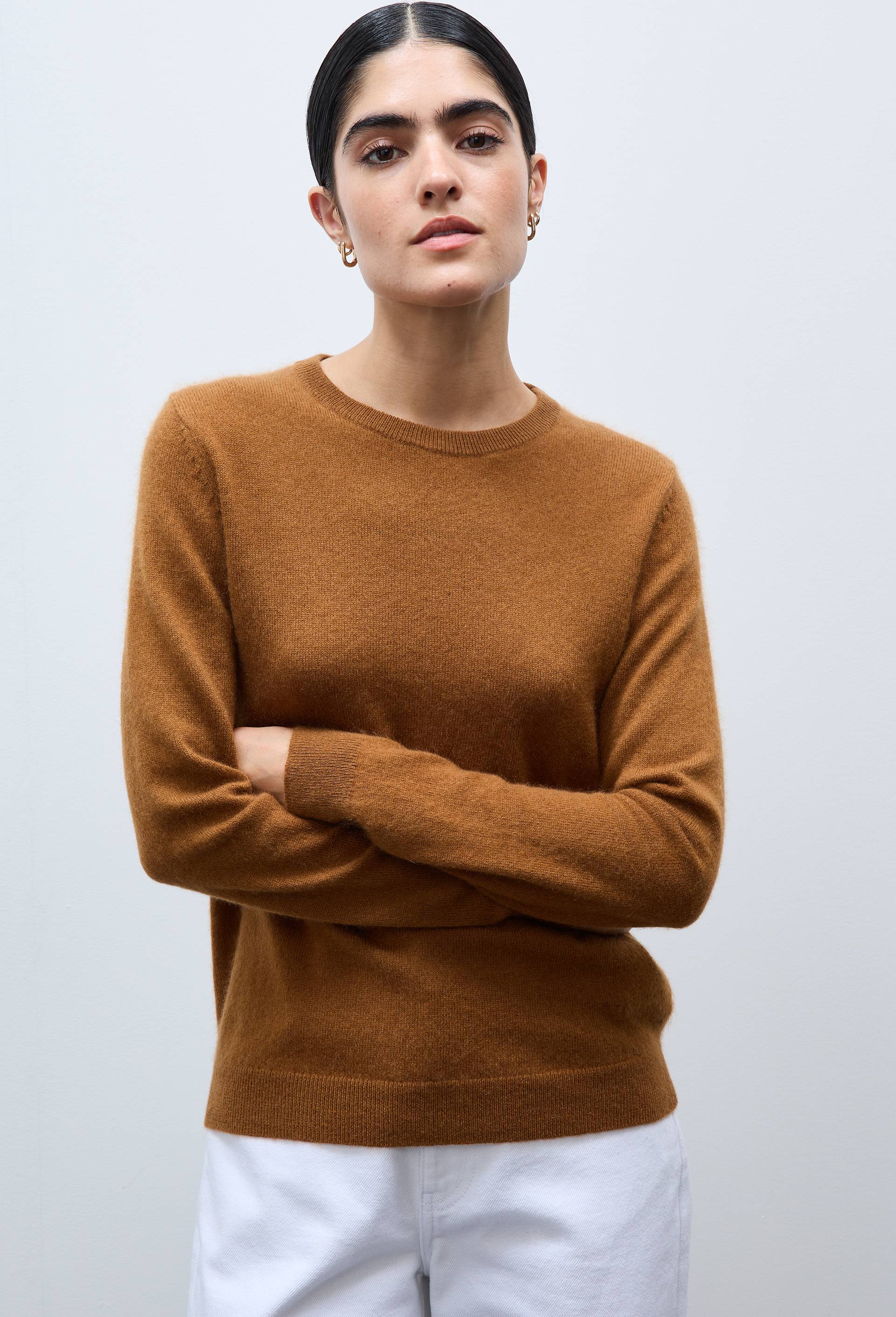 Pull uni col rond en 100% cachemire, Brun, swatch image
