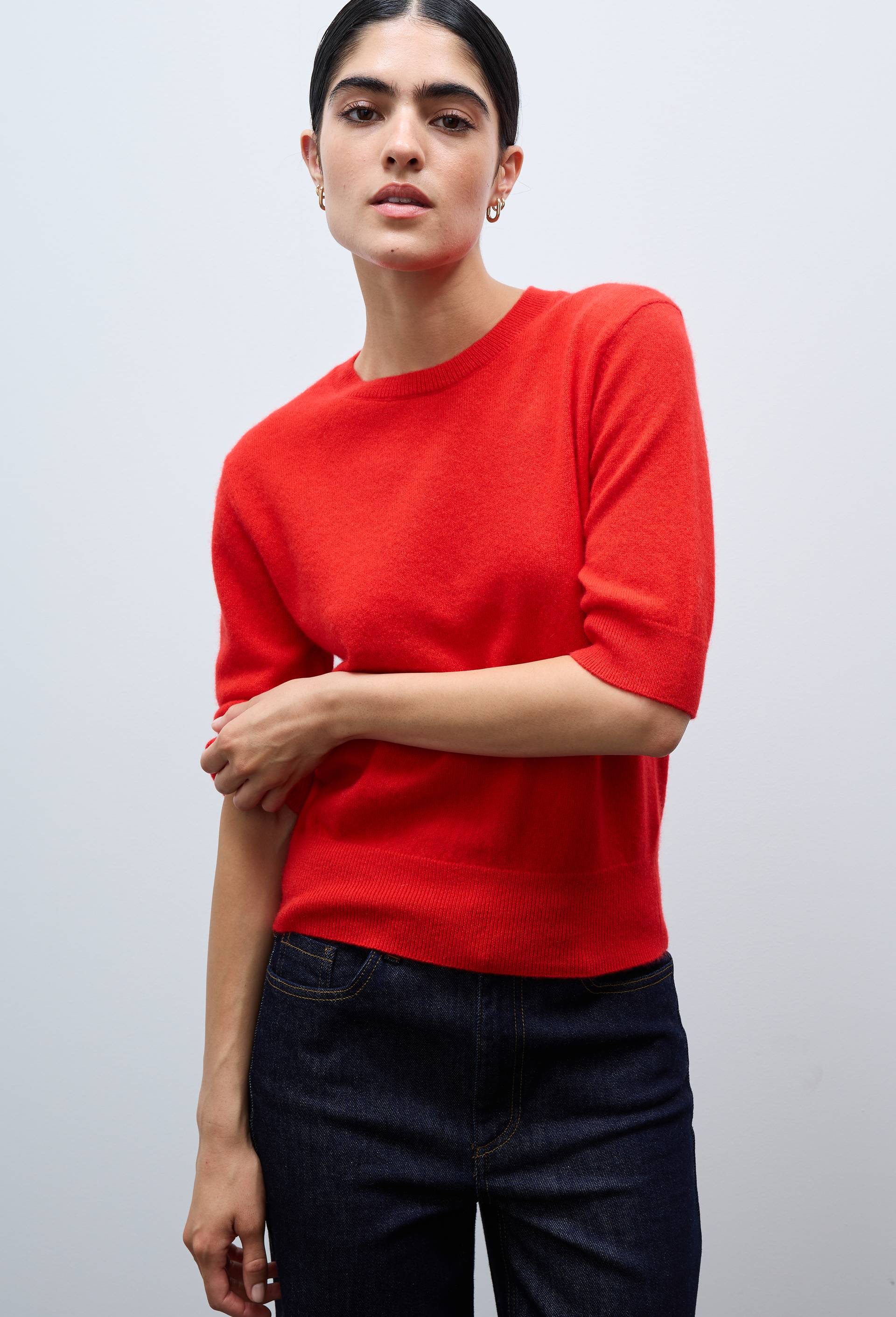 Pull uni manches courtes en 100% cachemire, Rouge, large image number 0