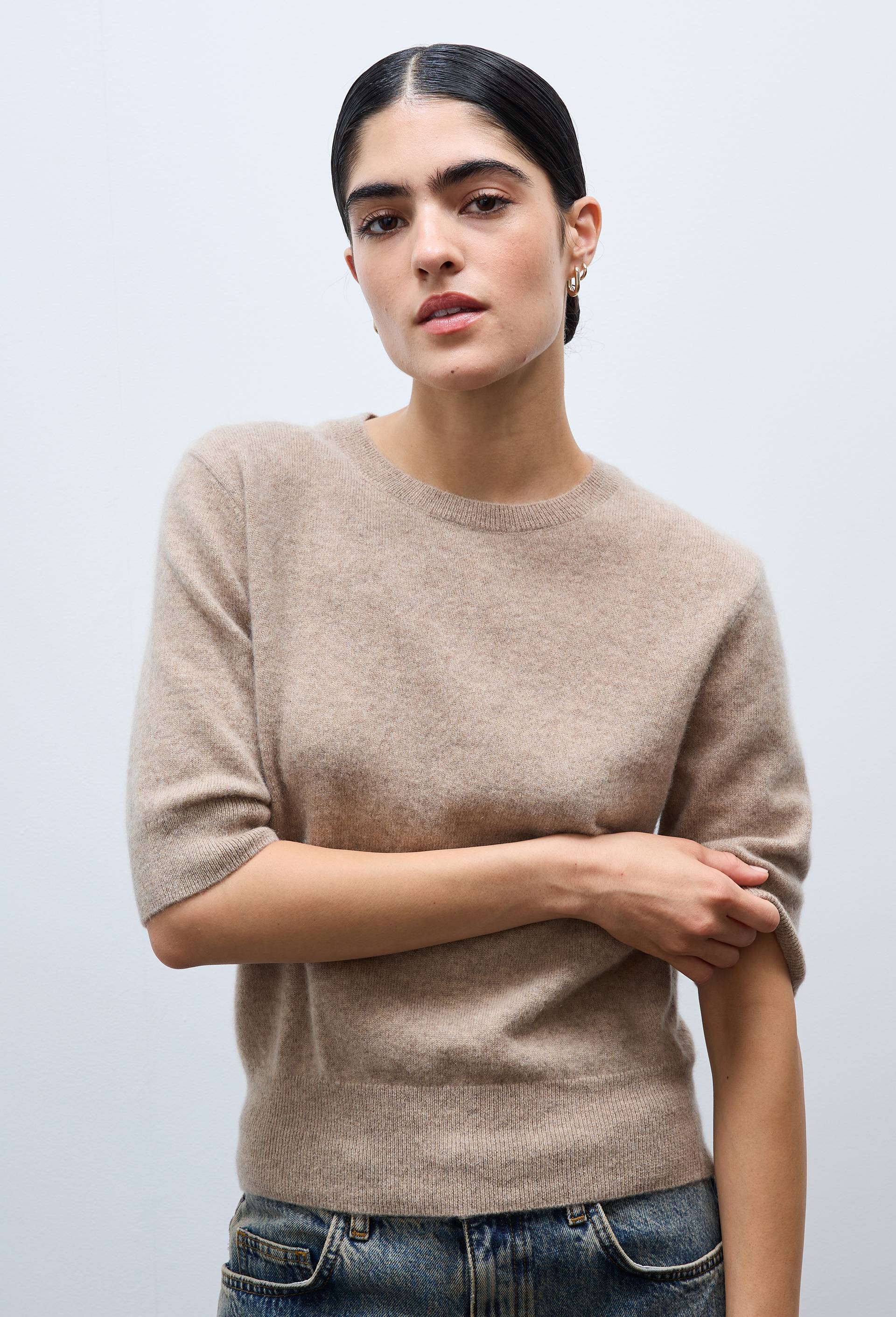 Pull uni manches courtes en 100% cachemire, Beige, swatch image