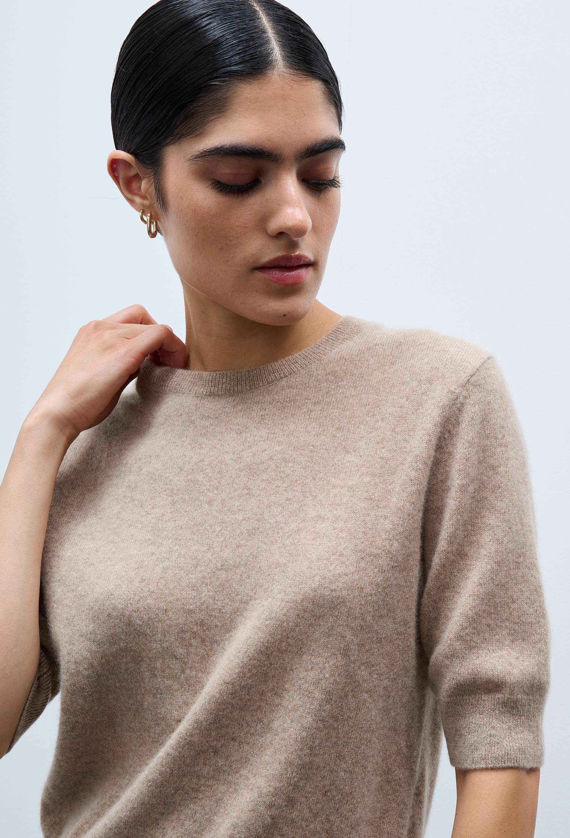Pull uni manches courtes en 100% cachemire, Beige, large image number 1