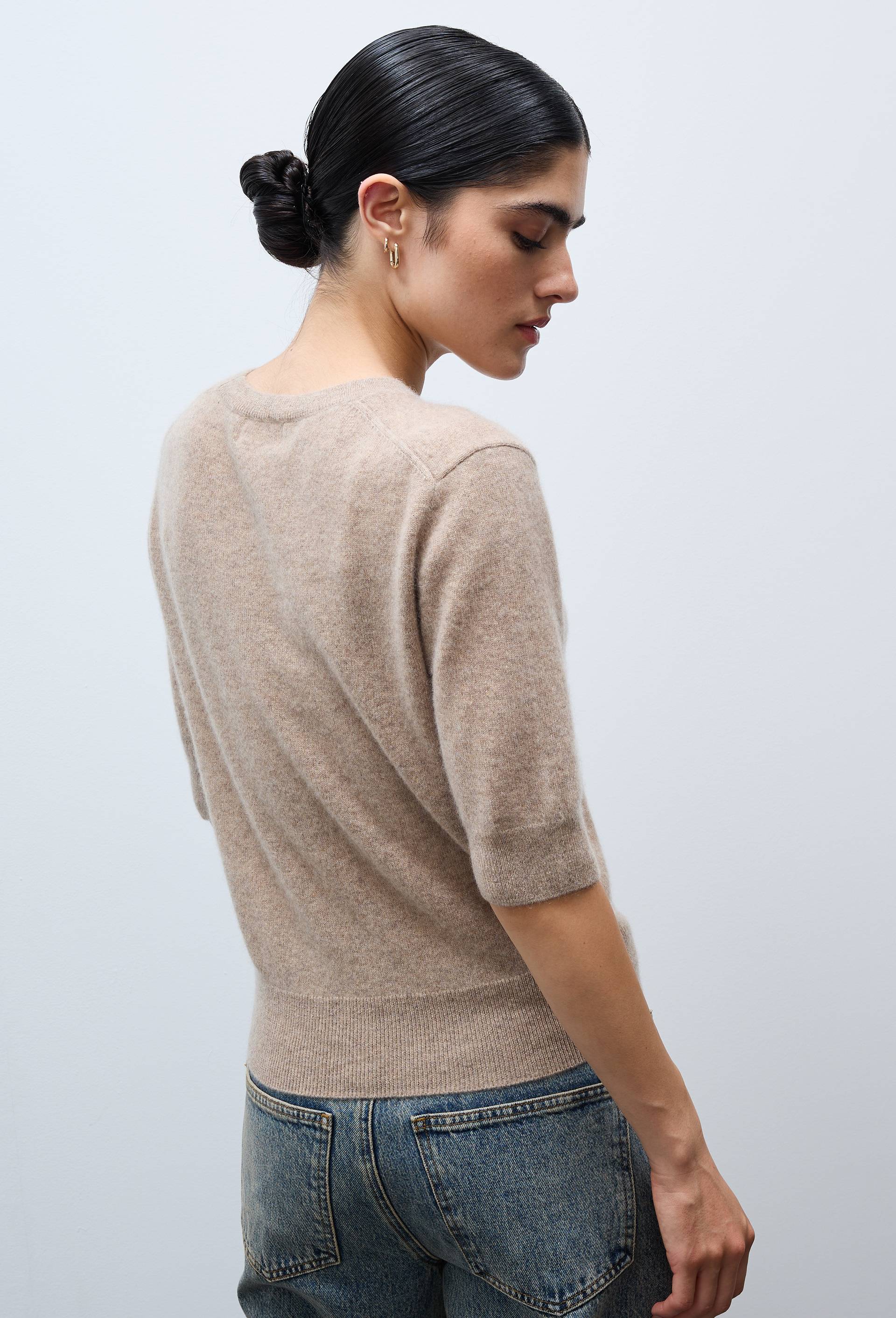 Pull uni manches courtes en 100% cachemire, Beige, large image number 2.0