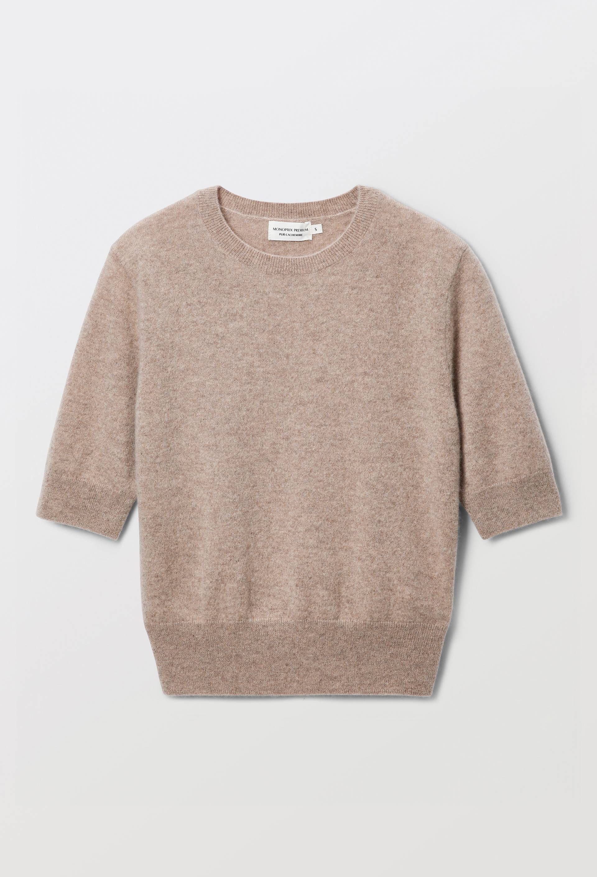Pull uni manches courtes en 100% cachemire, Beige, large image number 3.0