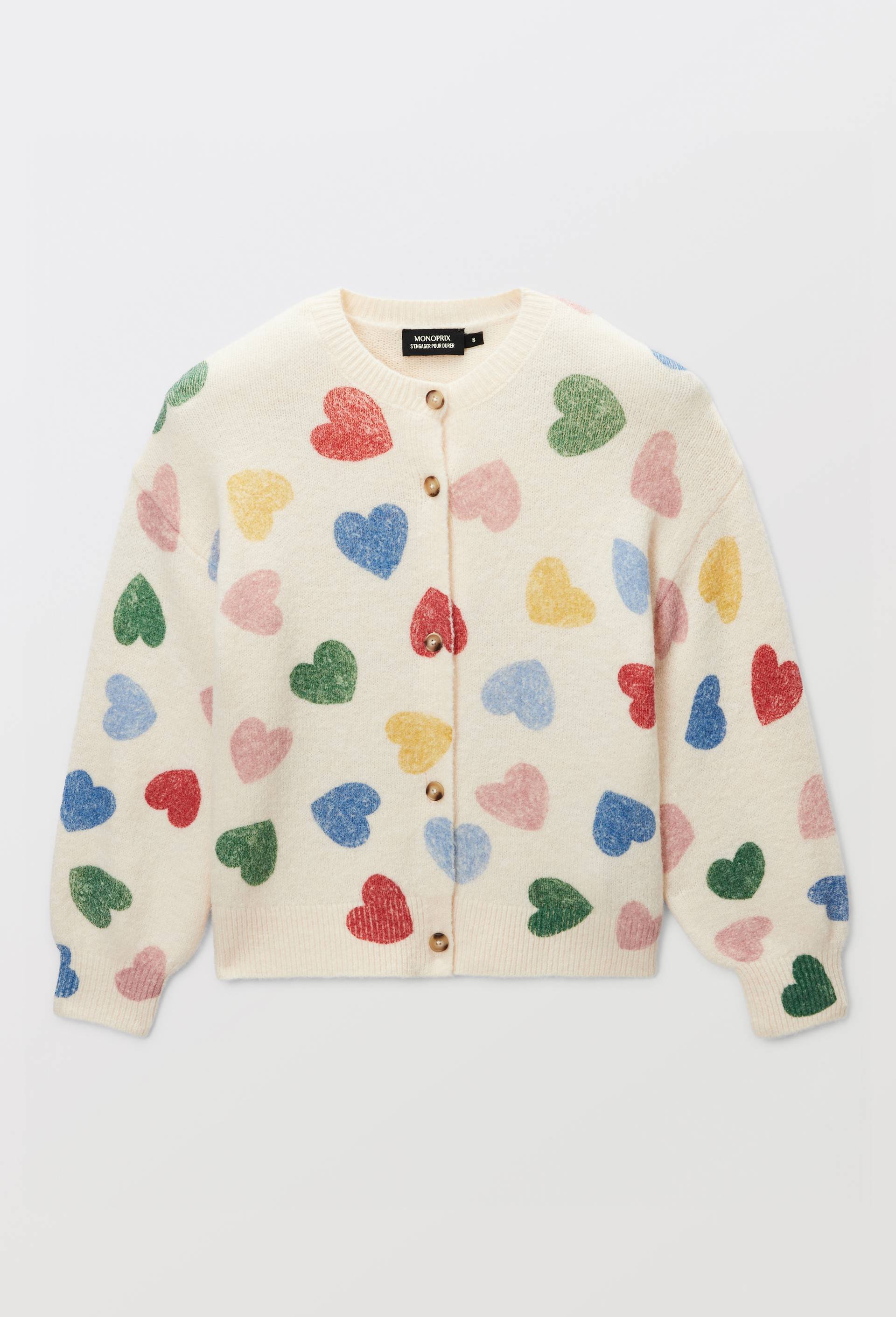 Cardigan imprim&eacute; coeurs, Beige clair, large image number 1.0