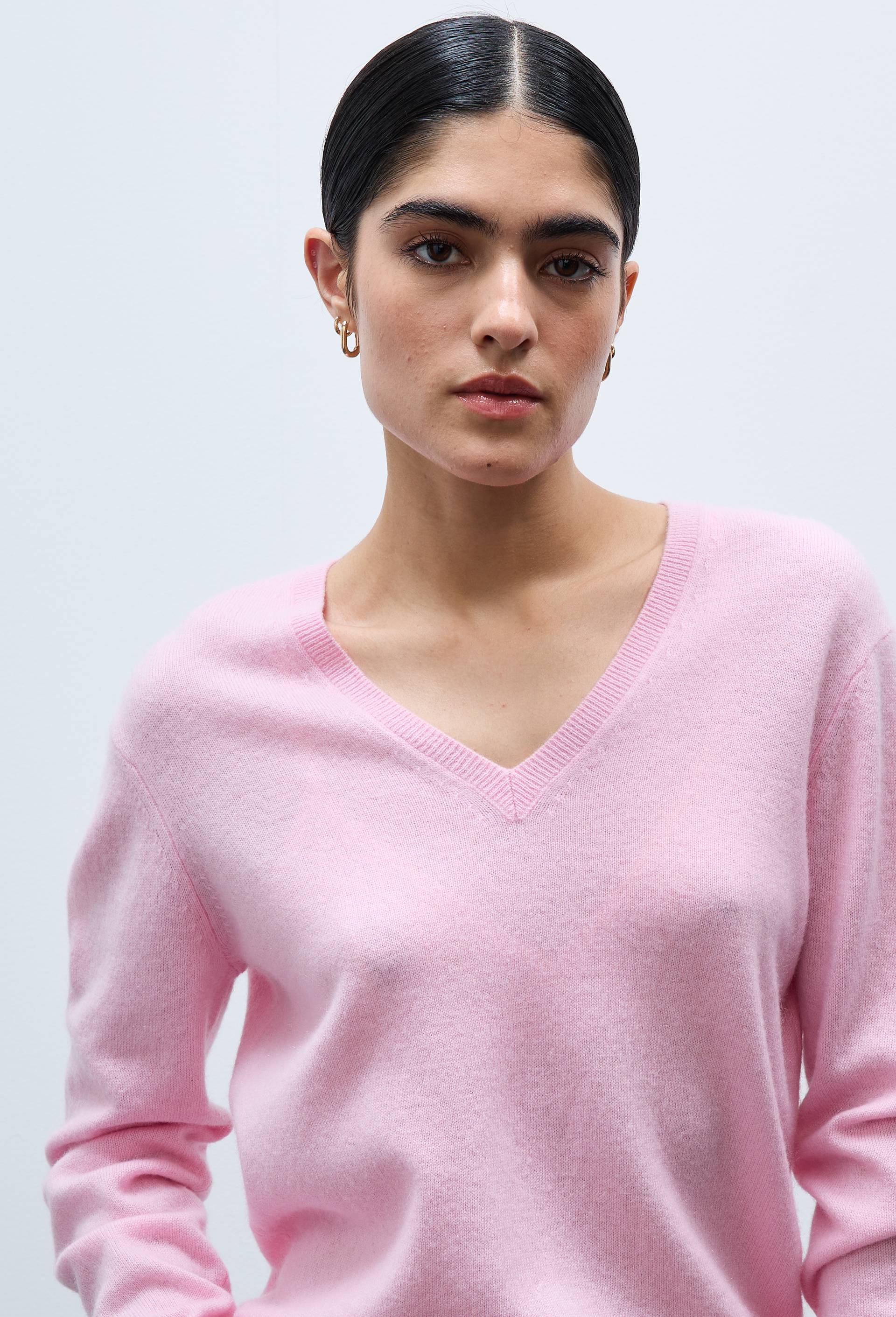 Pull uni col V en 100% cachemire, Rose, large image number 1.0
