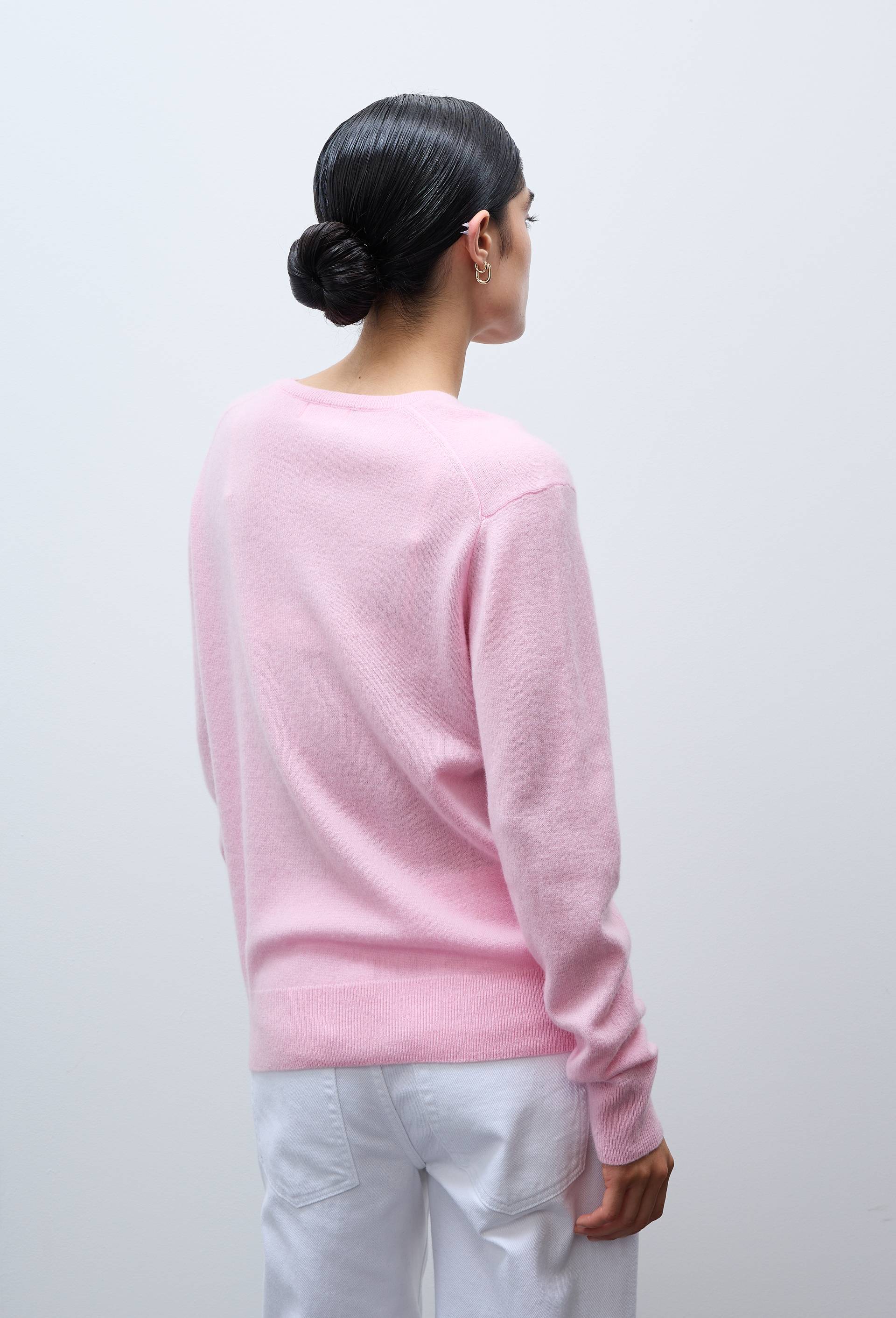 Pull uni col V en 100% cachemire, Rose, large image number 2.0