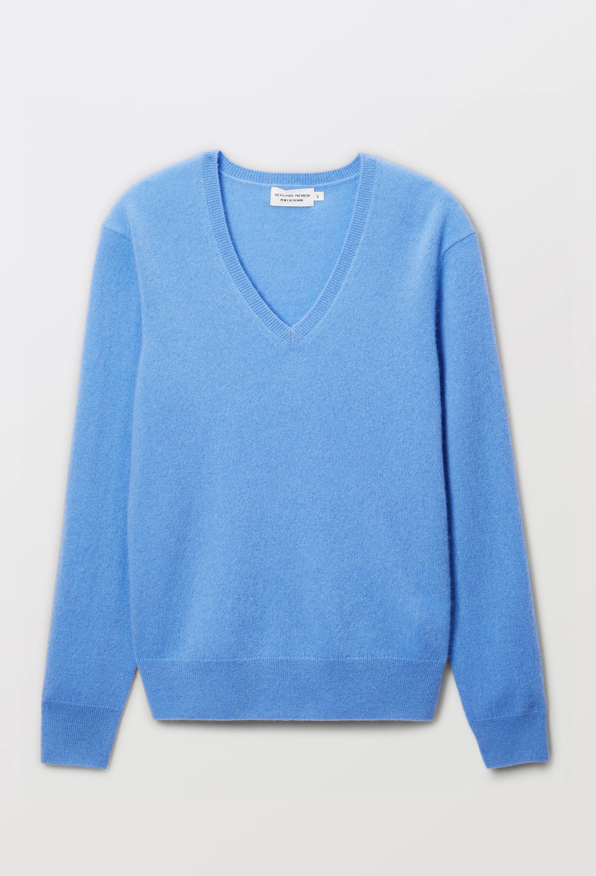 Pull uni col V en 100% cachemire, Bleu, large image number 3