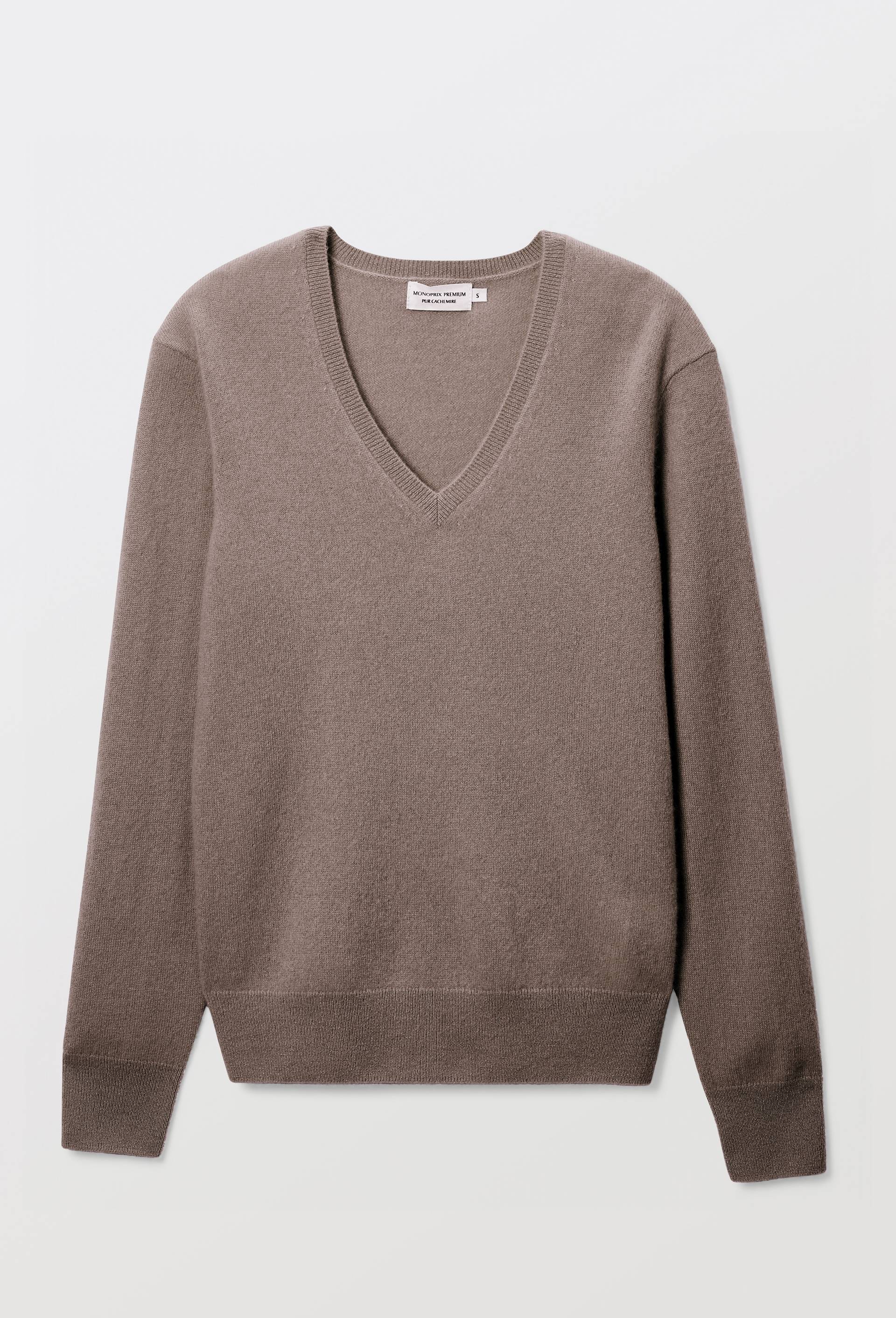 Pull uni col V en 100% cachemire, Brun, large image number 2.0