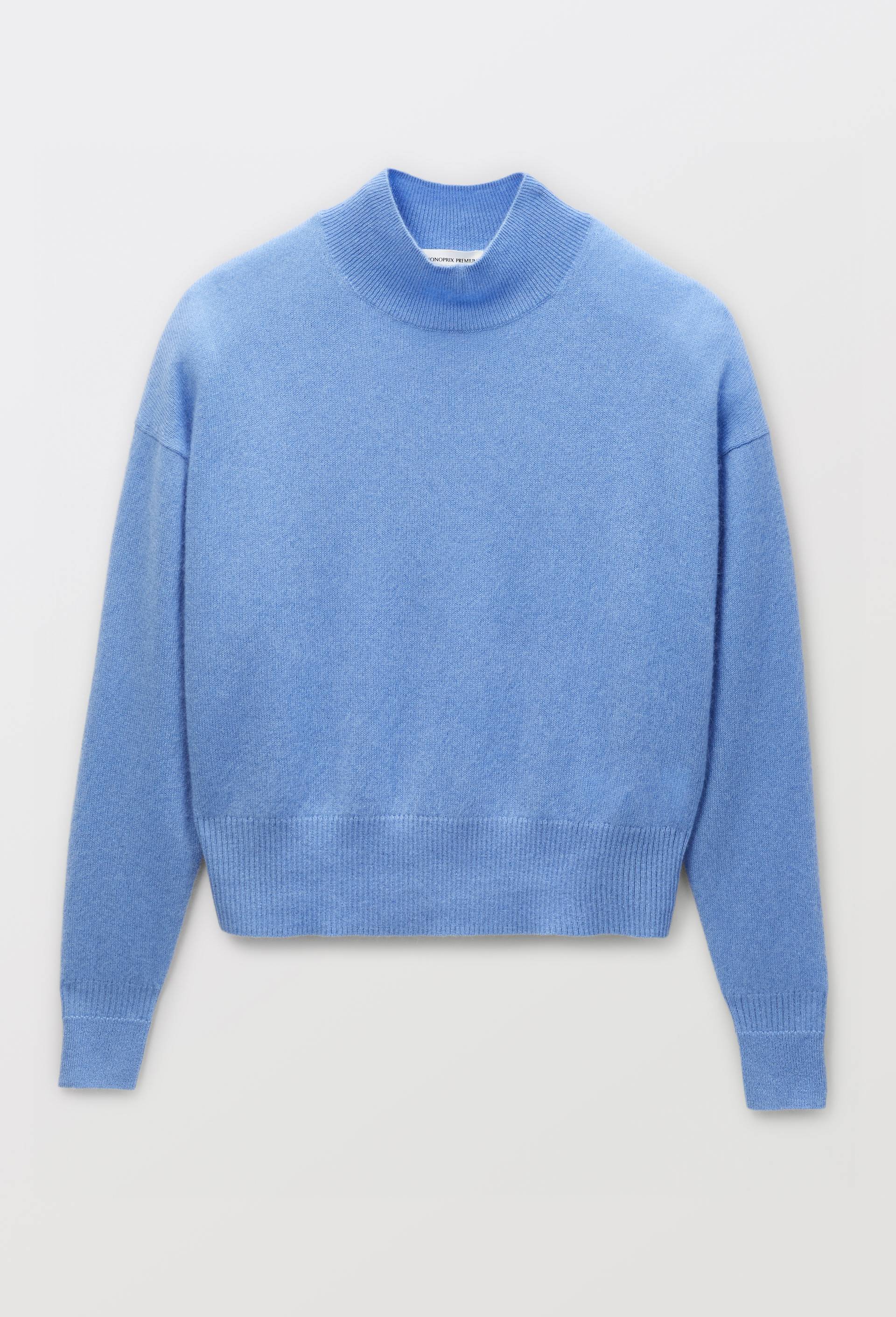 Pull uni court col montant en 100% cachemire, Bleu, large image number 2.0
