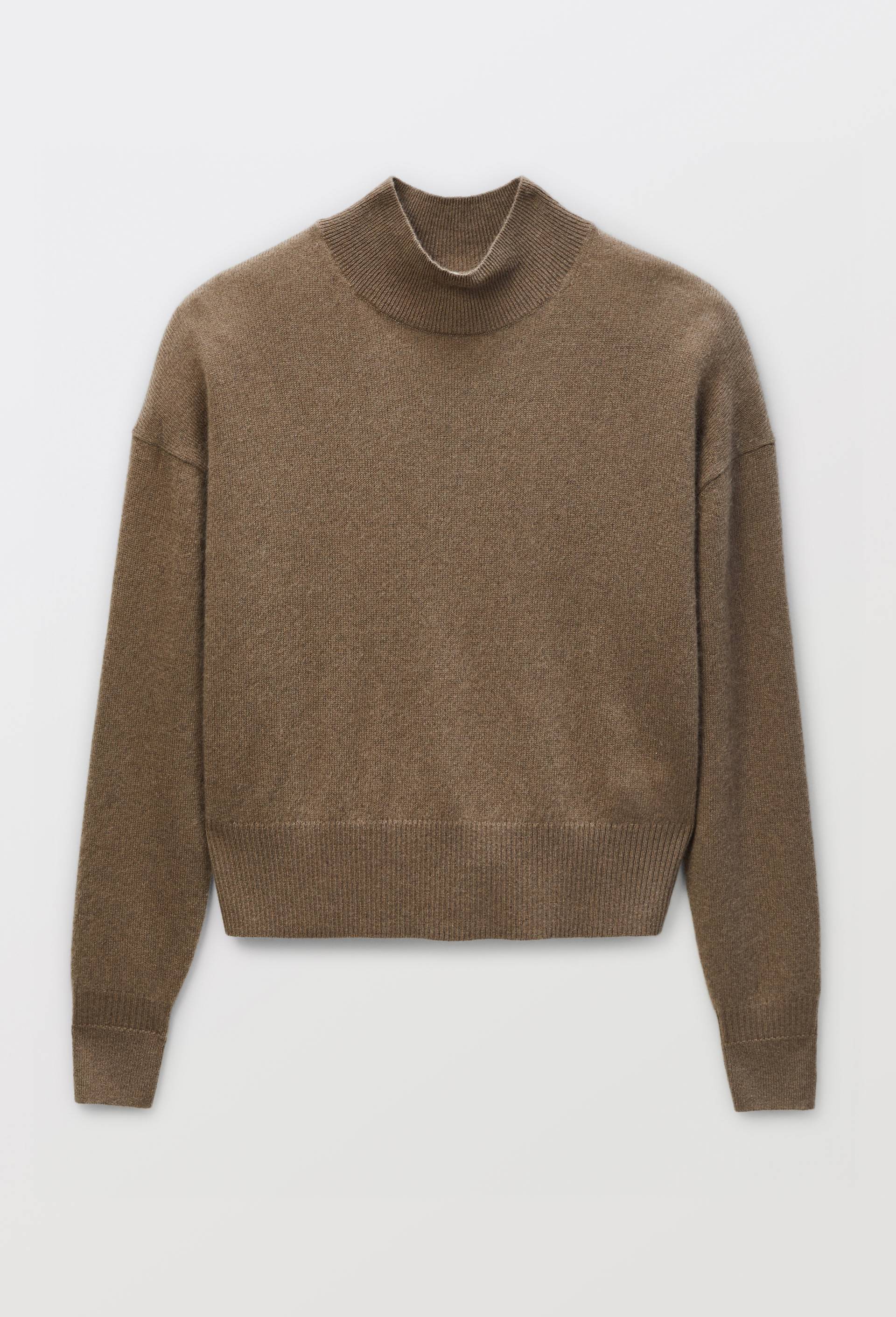 Pull uni court col montant en 100% cachemire, Brun, large image number 2.0