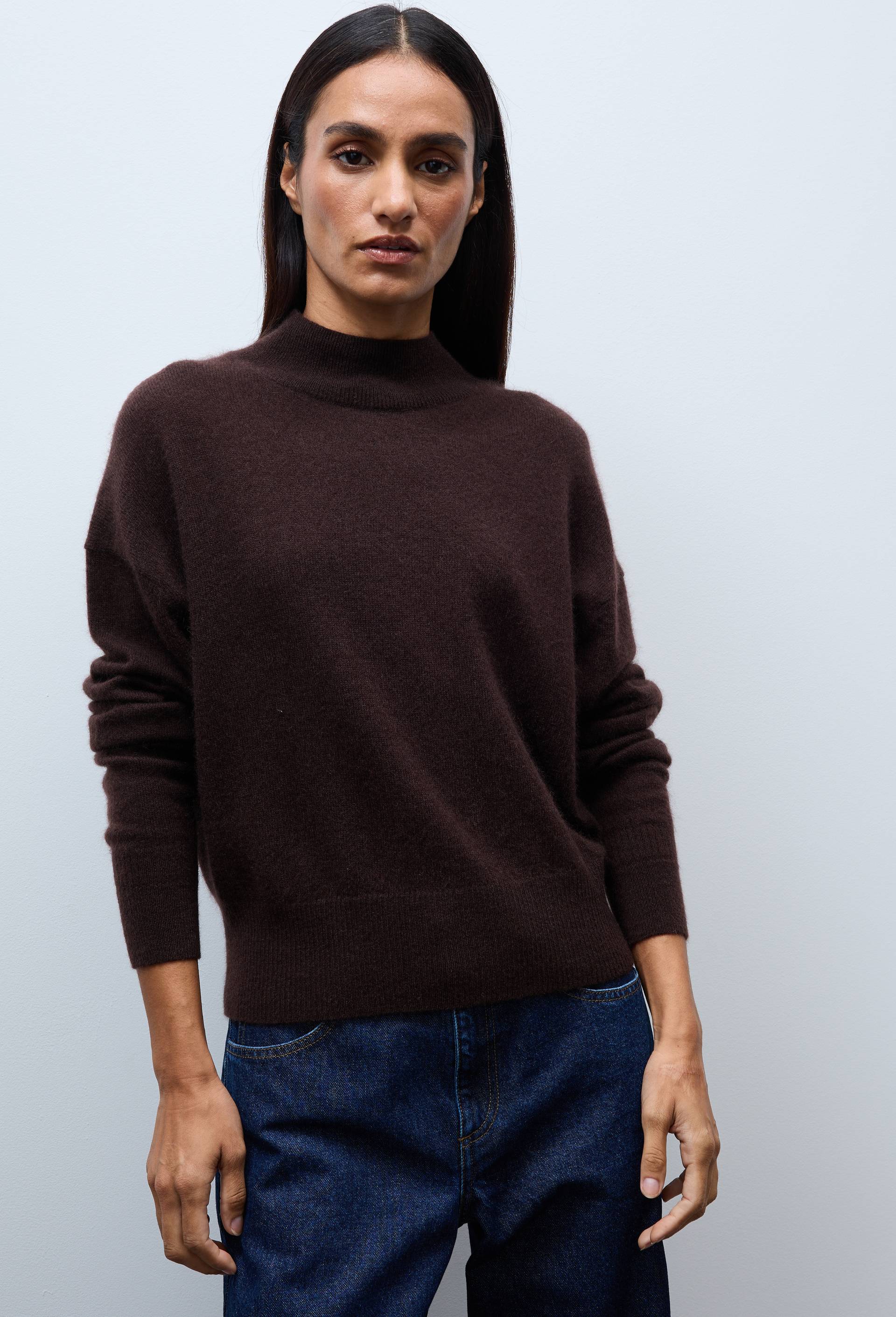 Pull uni court col montant en 100% cachemire, Brun clair, large image number 0.0