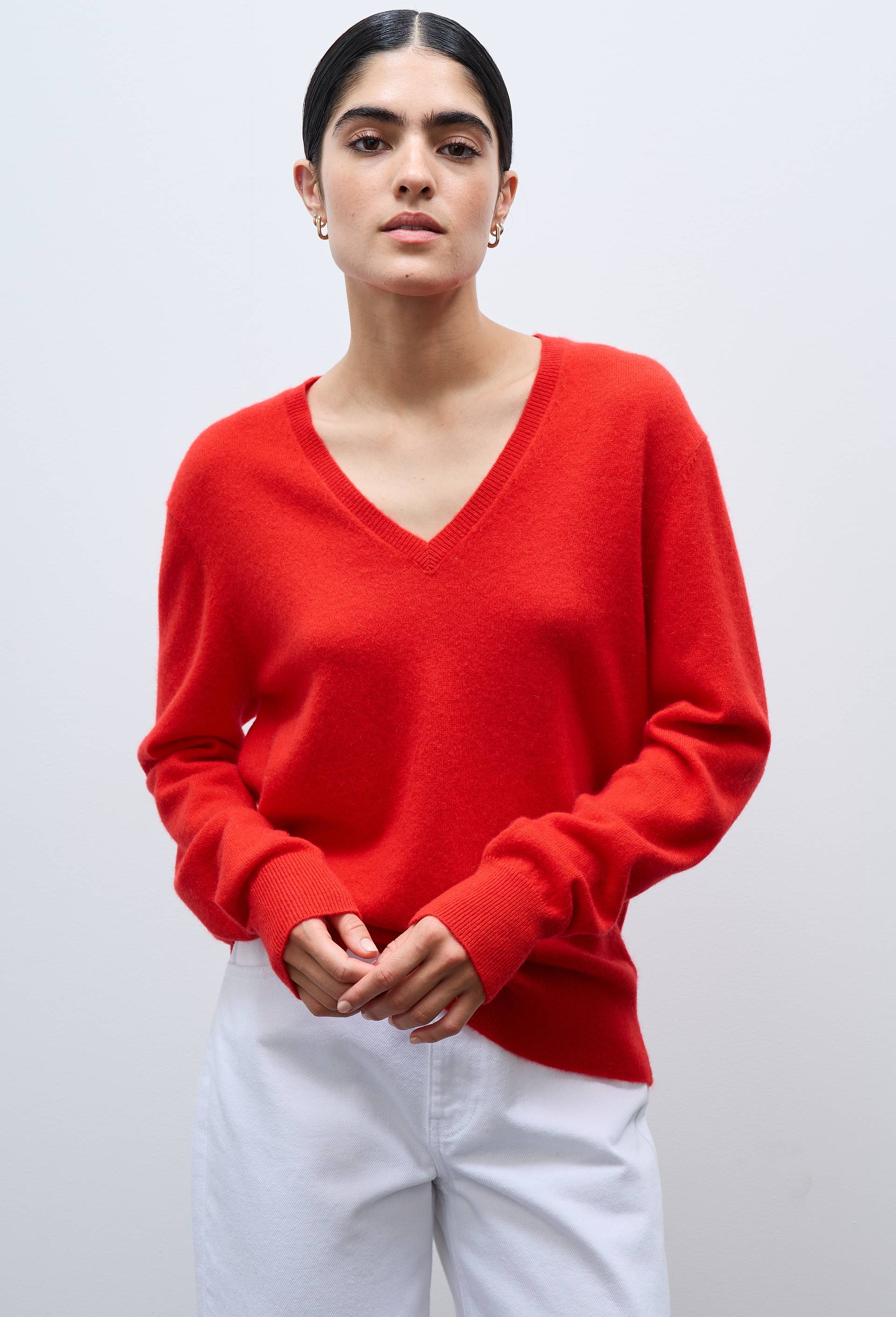Pull uni col V en 100% cachemire, Rouge, large image number 0.0
