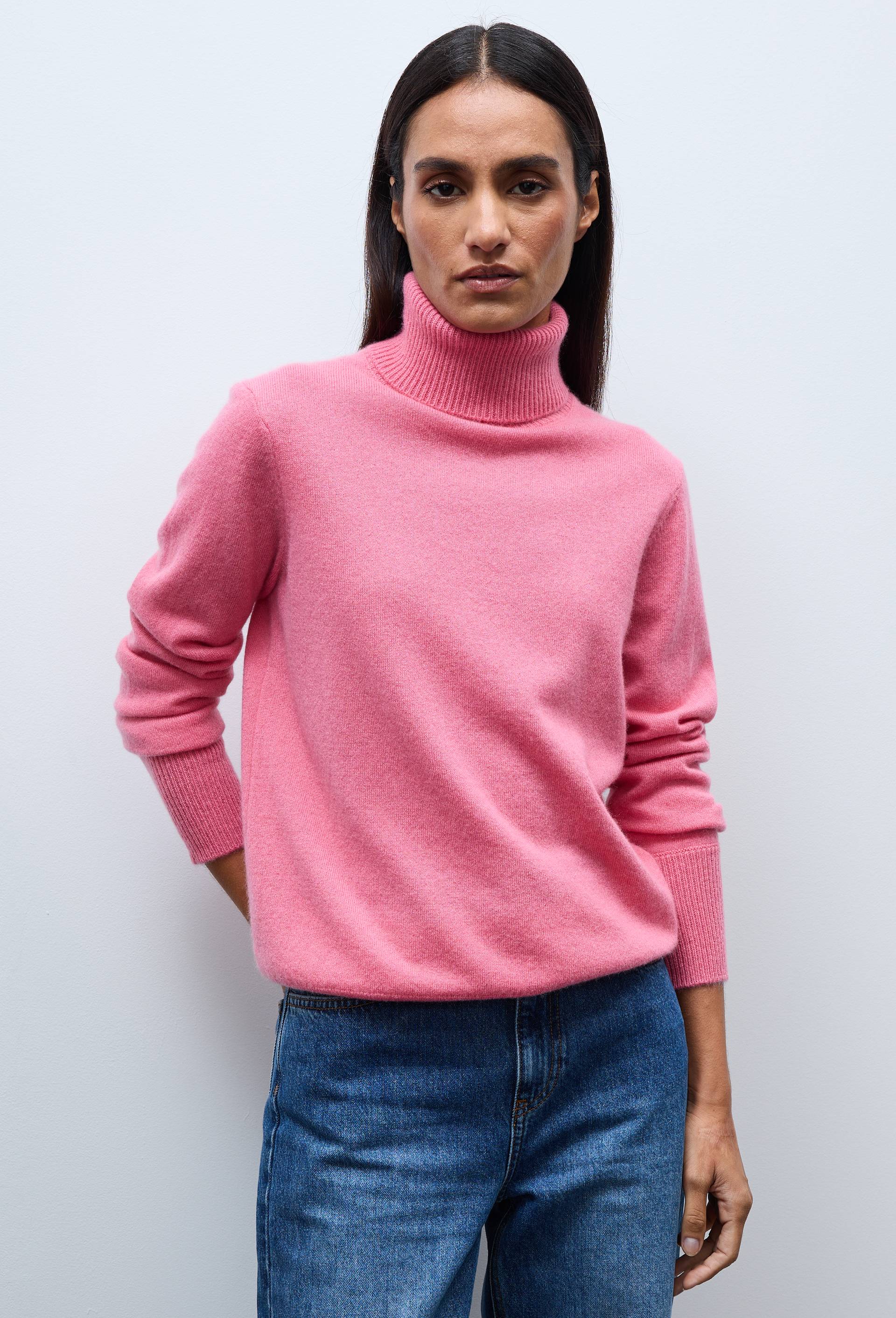 Pull uni col roul&eacute; en 100% cachemire, Rose, large image number 0