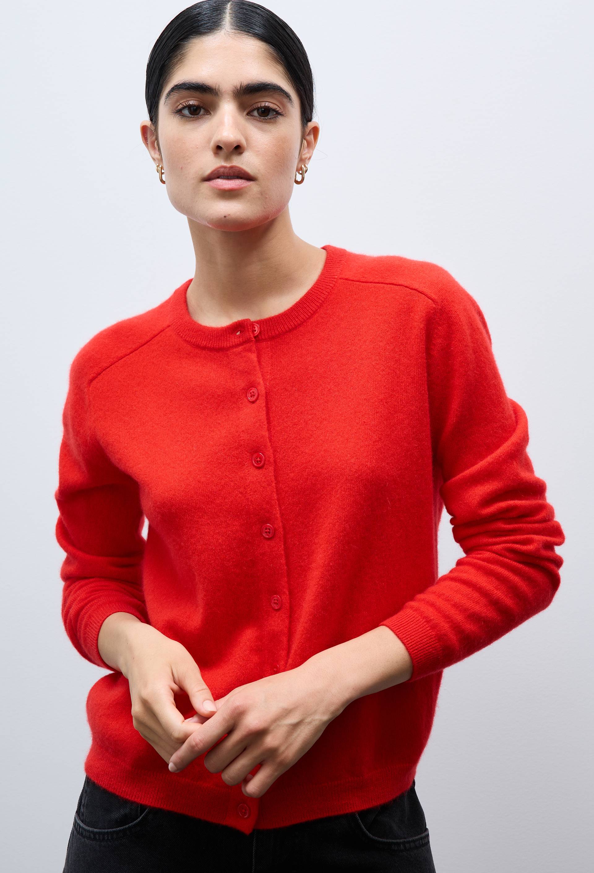 Cardigan uni col rond en 100% cachemire, Rouge, large image number 0.0
