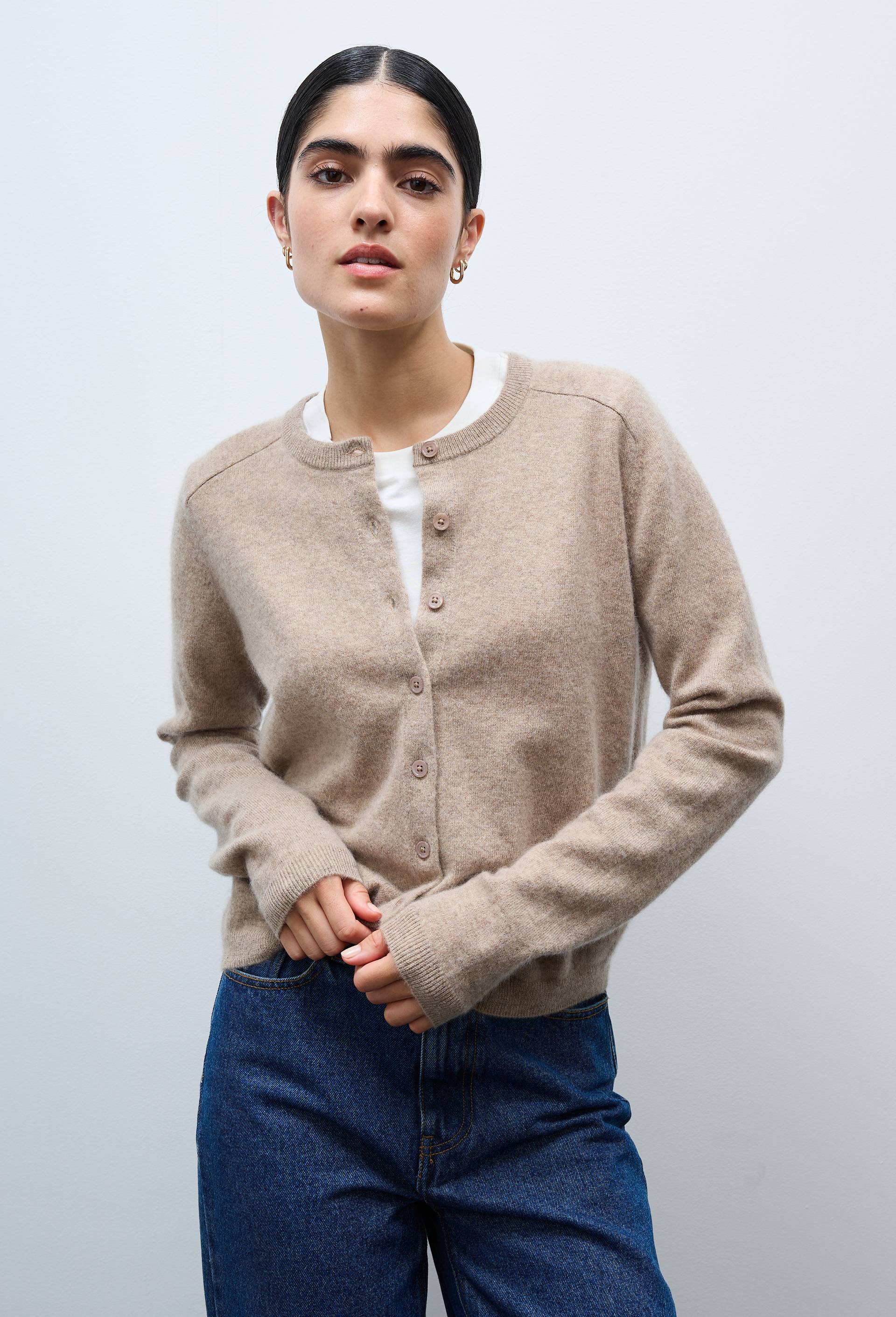 Cardigan uni col rond en 100% cachemire, Beige, large image number 0.0