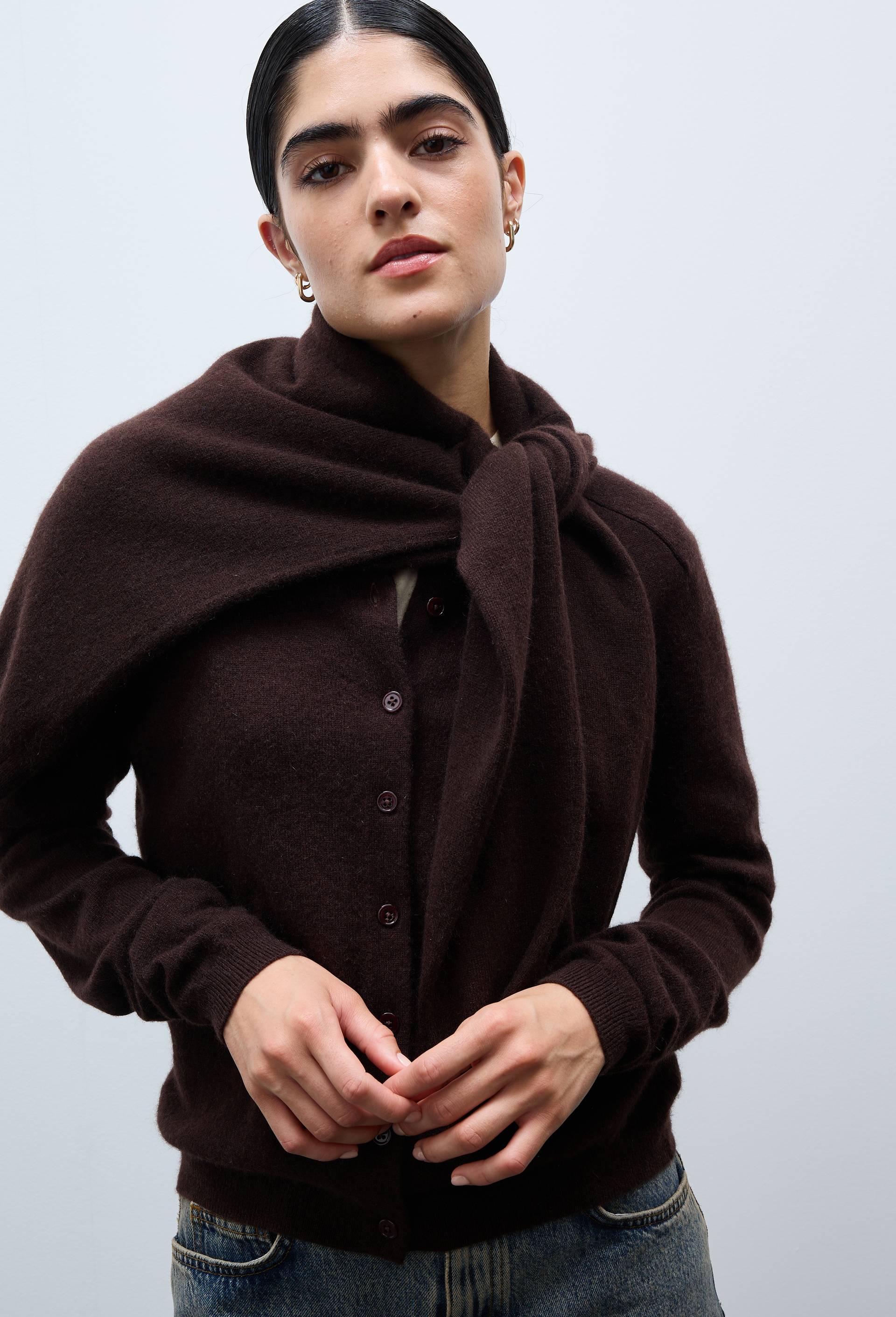 Cardigan uni col rond en 100% cachemire, Brun clair, large image number 0