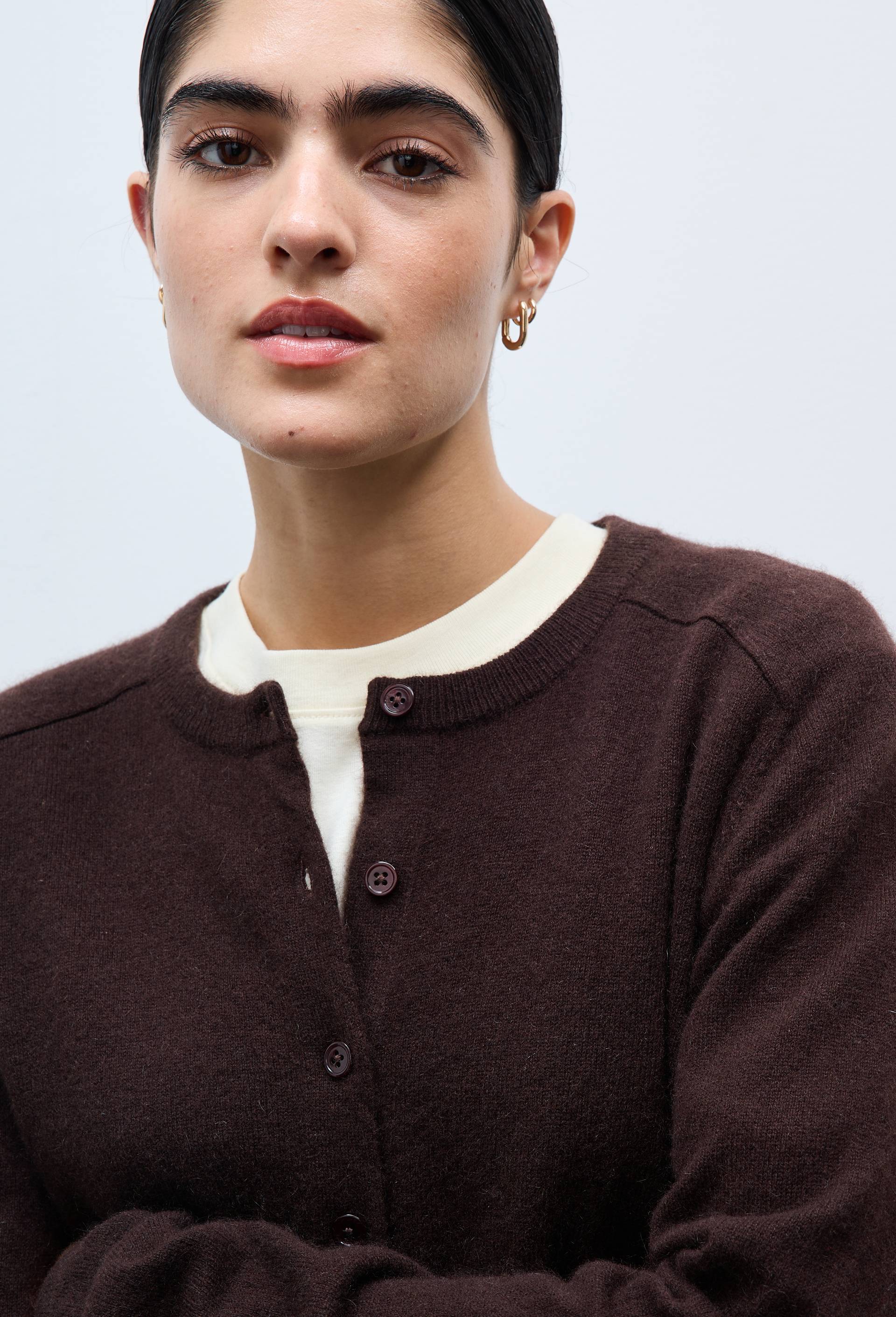 Cardigan uni col rond en 100% cachemire, Brun clair, large image number 1