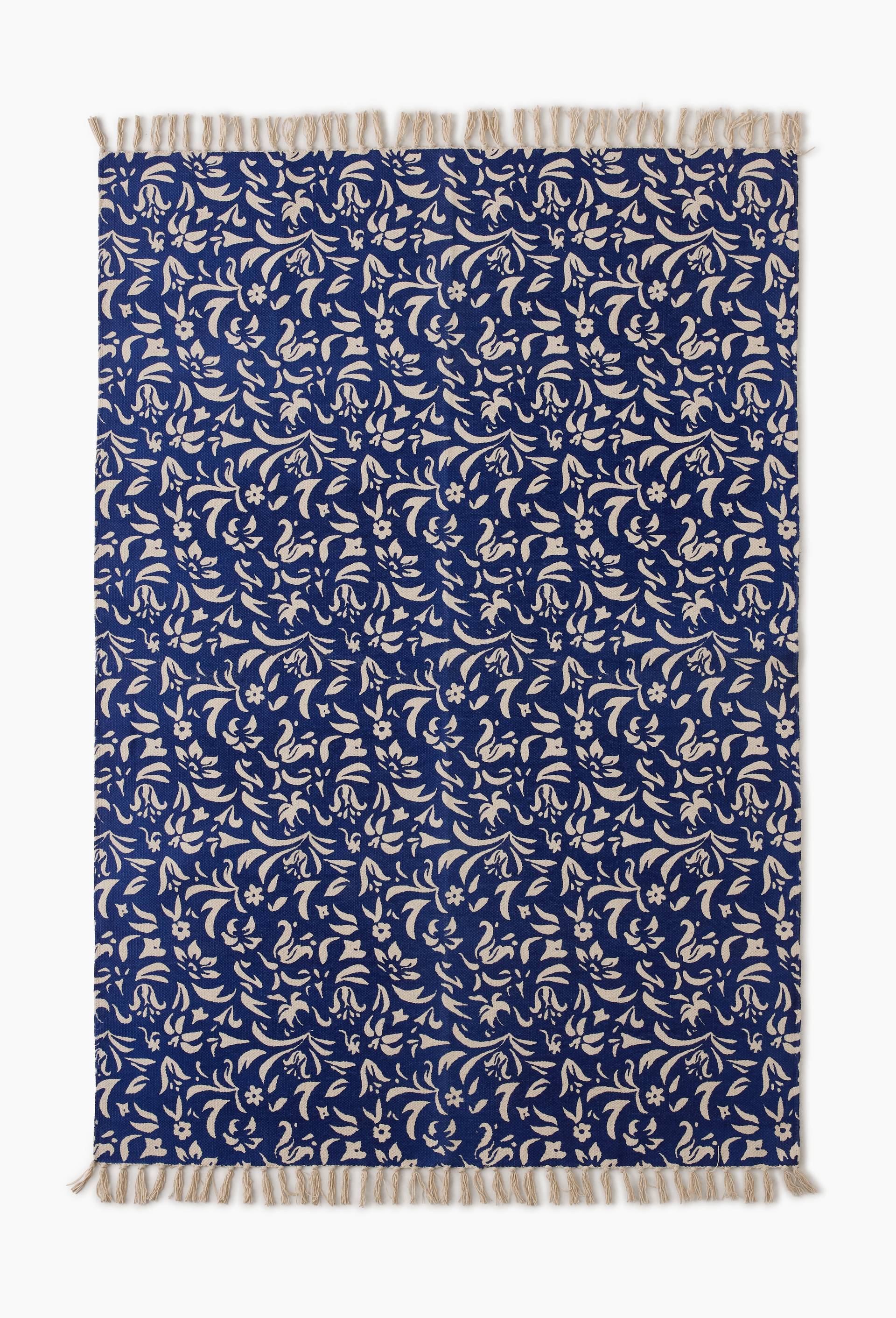 Tapis &agrave; imprim&eacute; fleurs, 120x180cm, 100% coton, Bleu, large image number 0