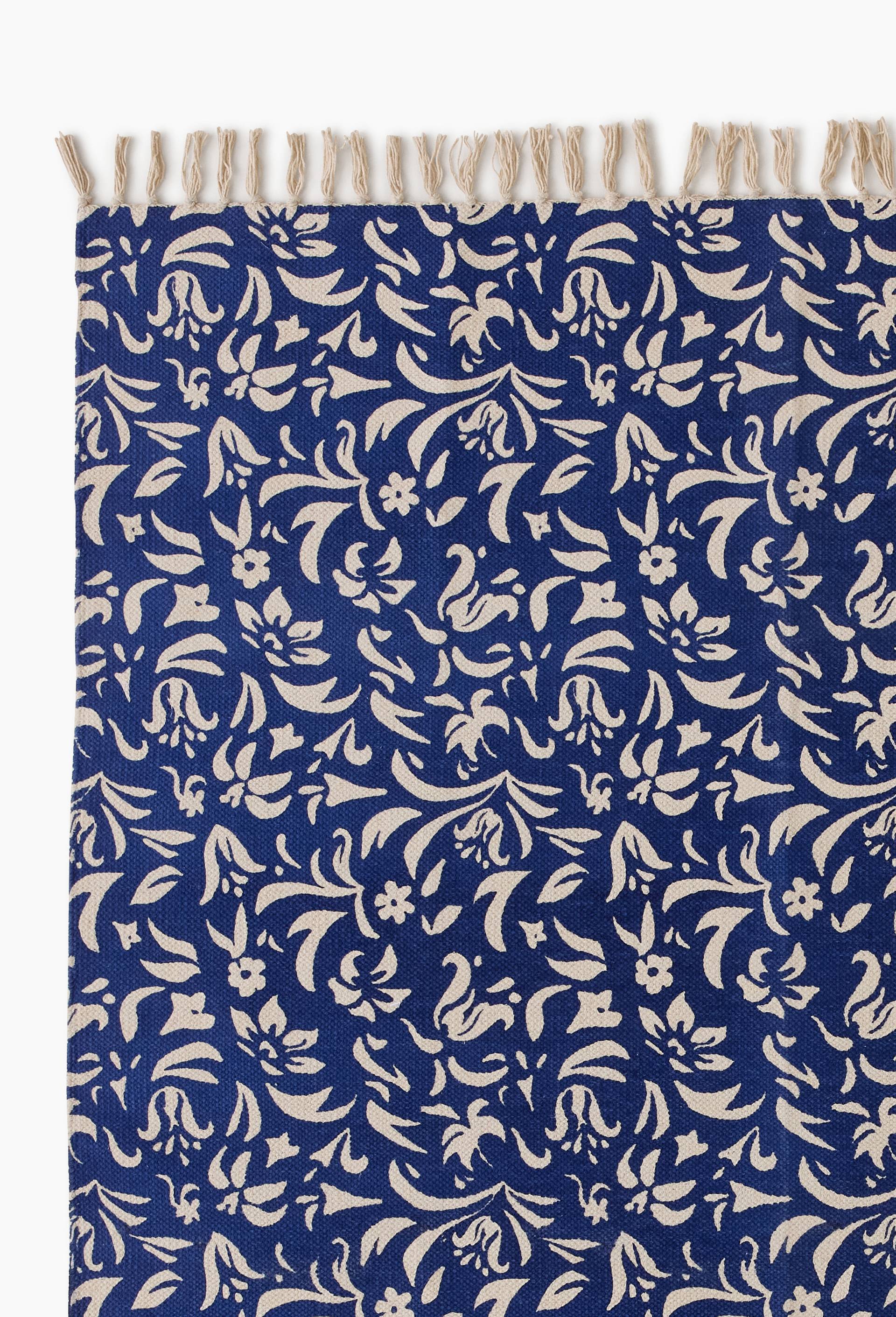 Tapis &agrave; imprim&eacute; fleurs, 120x180cm, 100% coton, Bleu, large image number 1