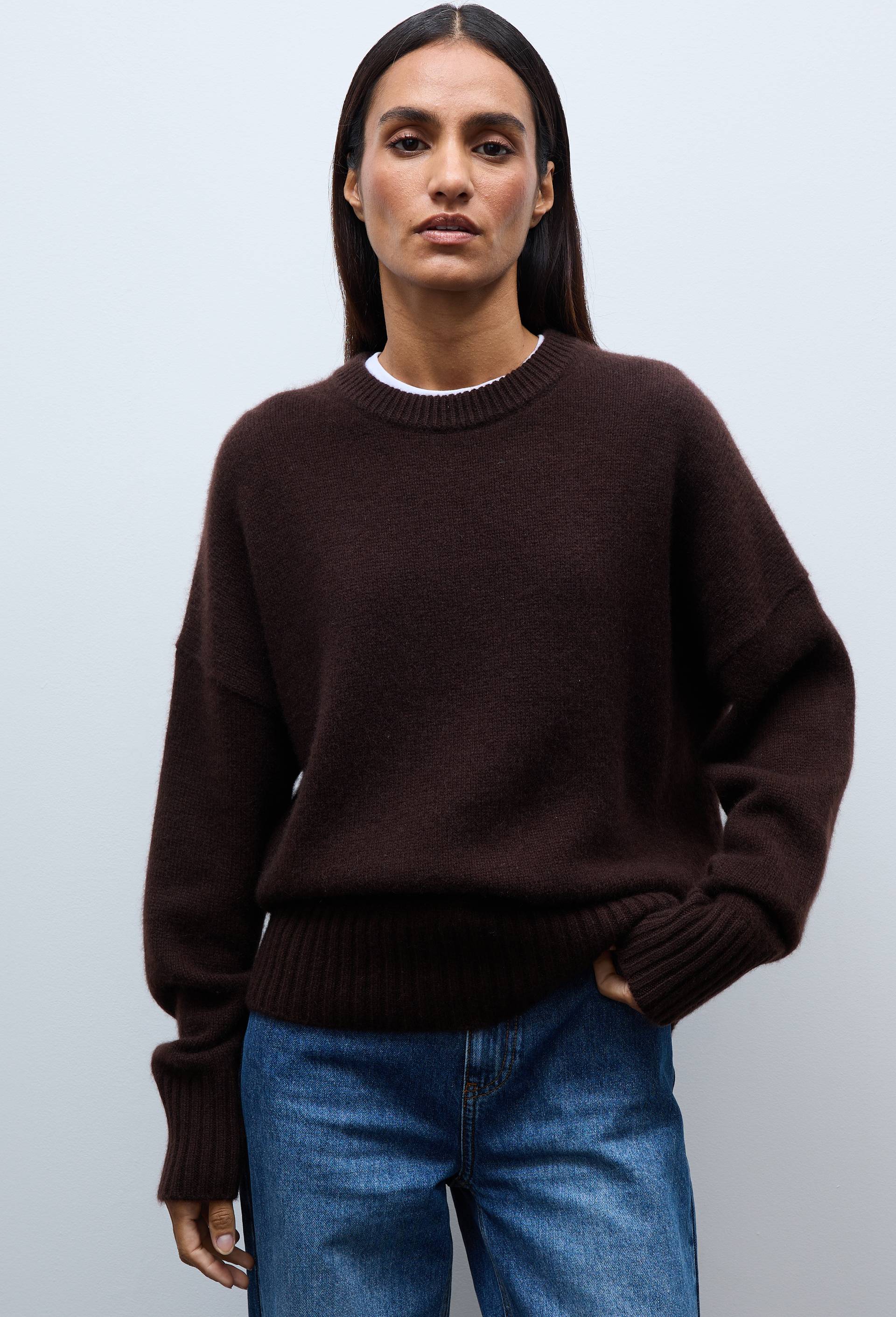 Pull uni col rond ample en 100% cachemire, Brun clair, large image number 0